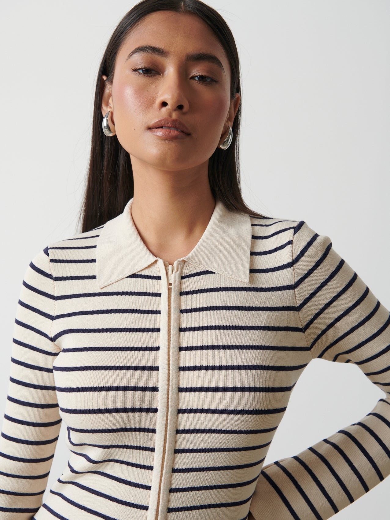 Avery Striped Zip Knit Top - Cream and Navy