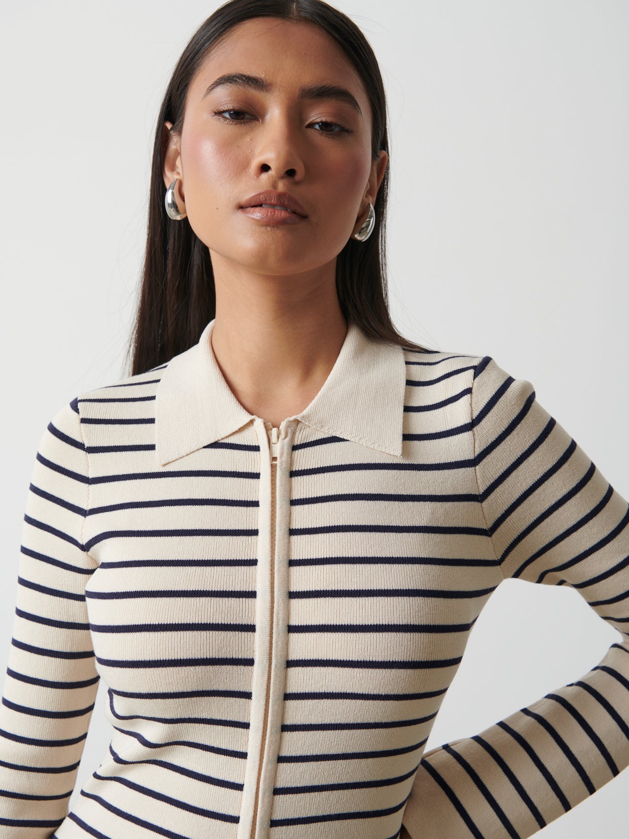 Avery Striped Zip Knit Top Cream and Navy Pretty Lavish