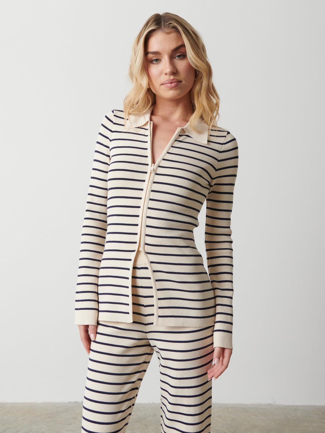Avery Striped Zip Knit Top - Cream and Navy