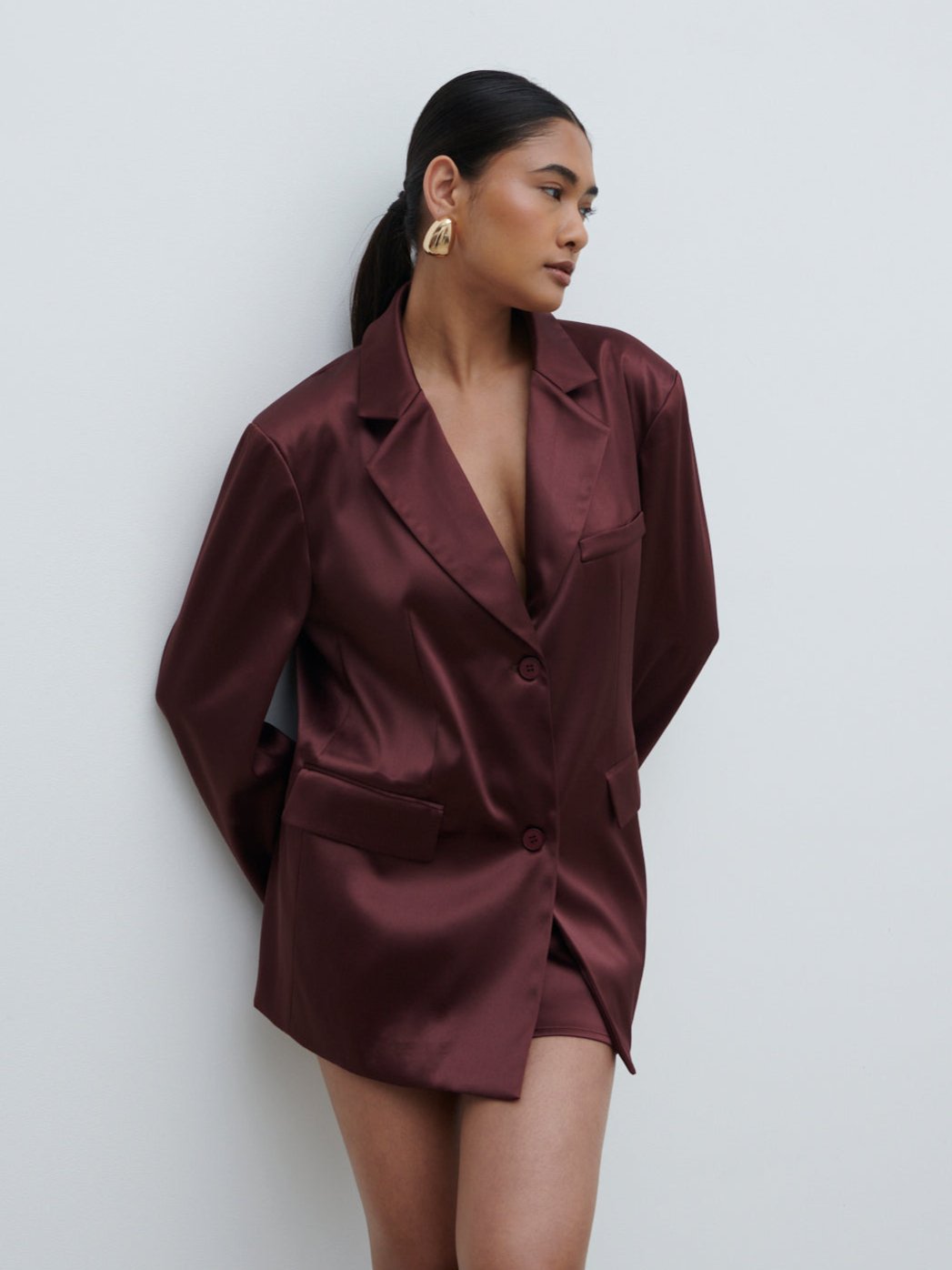 Beck Satin Oversized Dad Blazer - Deep Wine