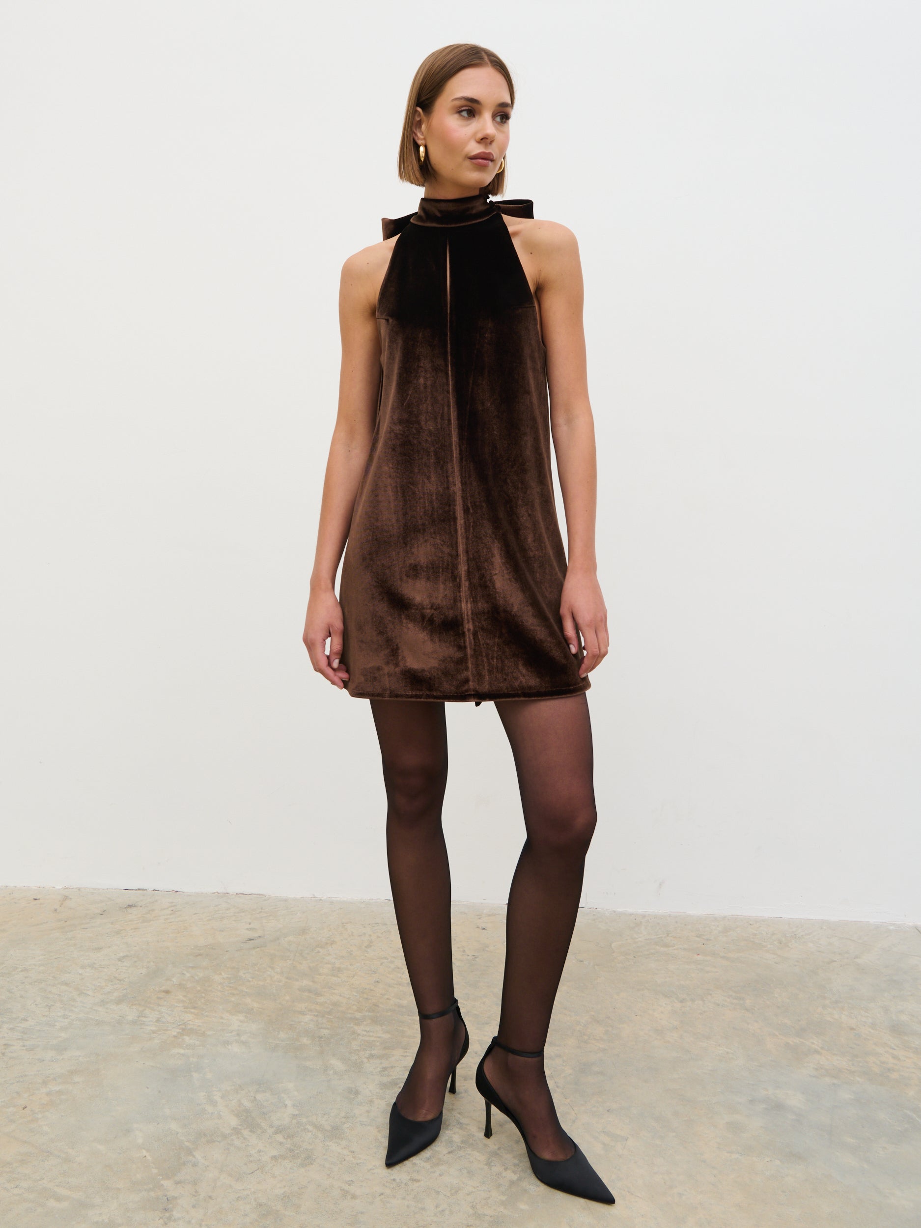 Bella Bow Velvet Mini Dress - Brown Bella Bow Velvet Mini Dress - Brown