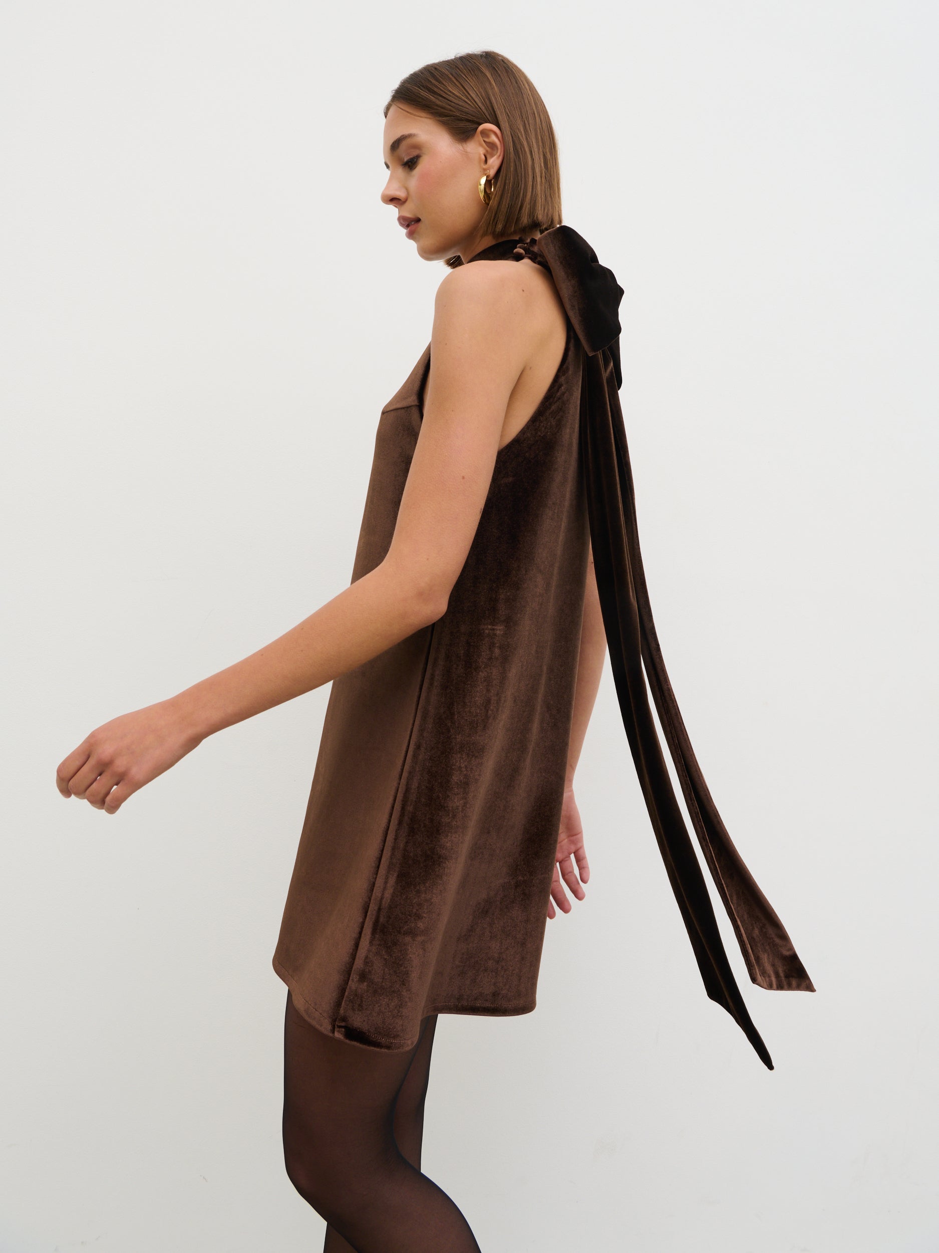 Bella Bow Velvet Mini Dress - Brown Bella Bow Velvet Mini Dress - Brown