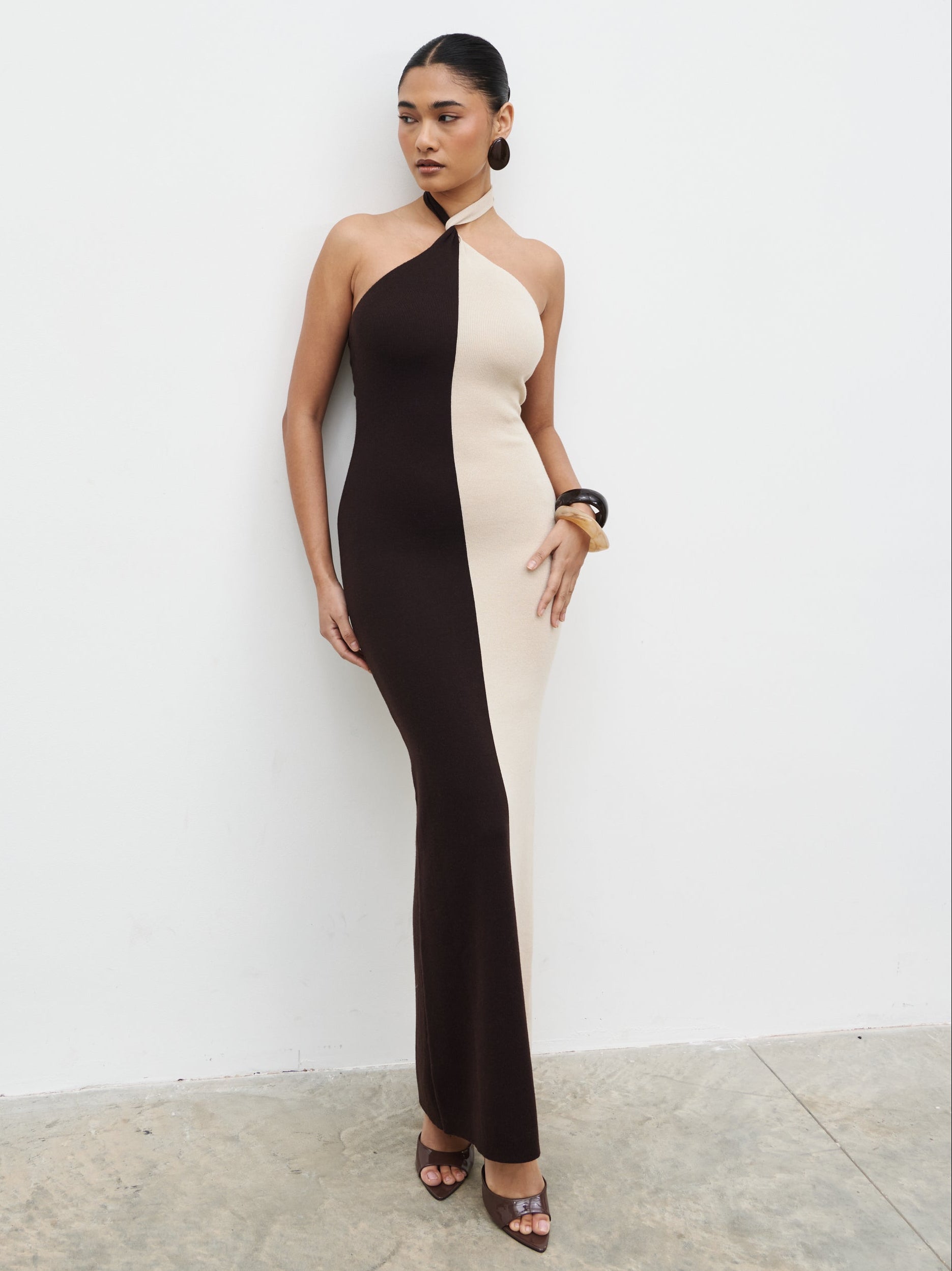 Berkley Contrast Knit Maxi Dress - Beige and Chocolate Brown Pretty Lavish Berkley Contrast Knit Maxi Dress - Beige and Chocolate Brown Pretty Lavish
