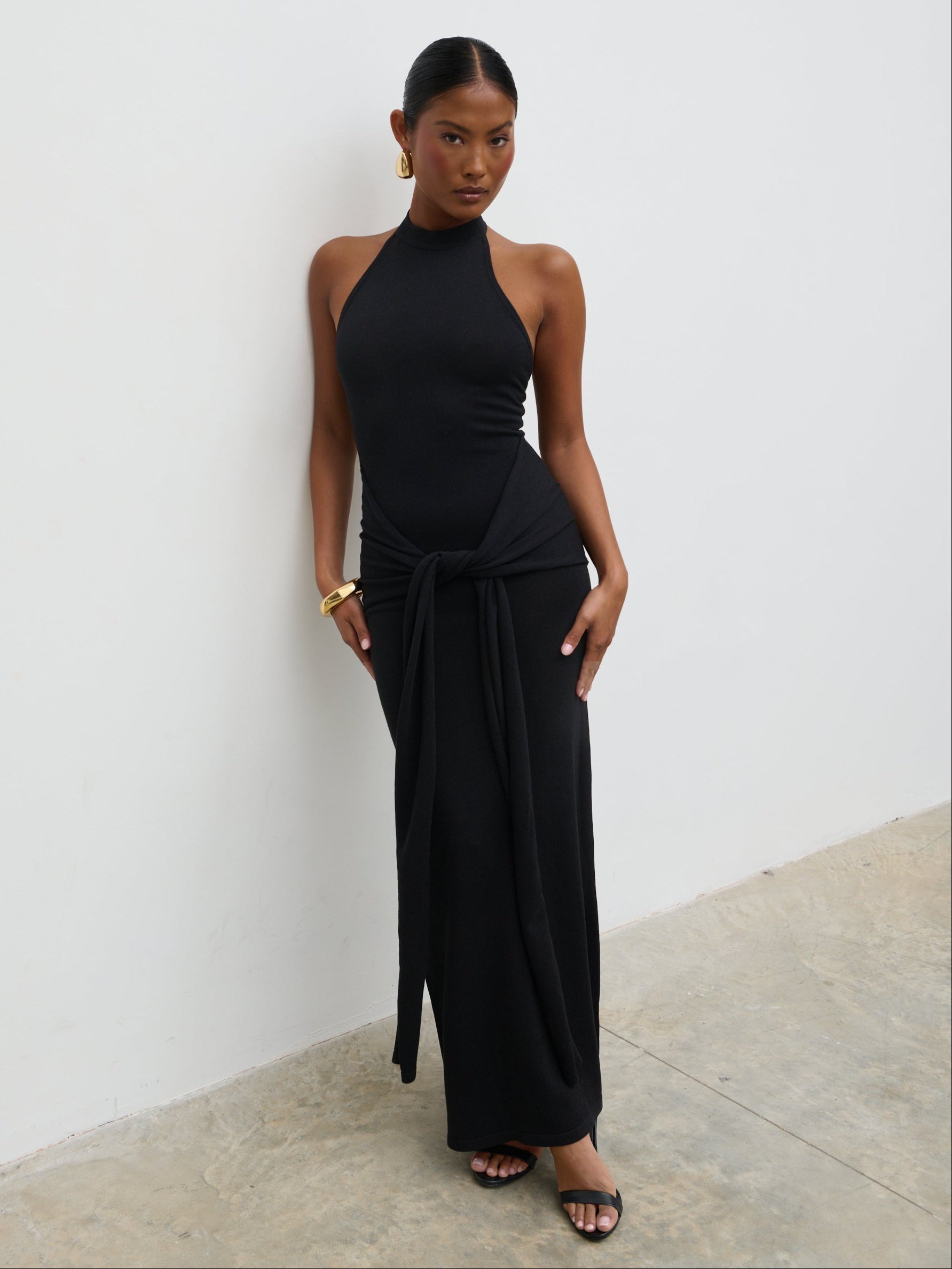 Bernelle Halterneck Tie Waist Knit Midaxi Dress - Black Pretty Lavish Bernelle Halterneck Tie Waist Knit Midaxi Dress - Black Pretty Lavish