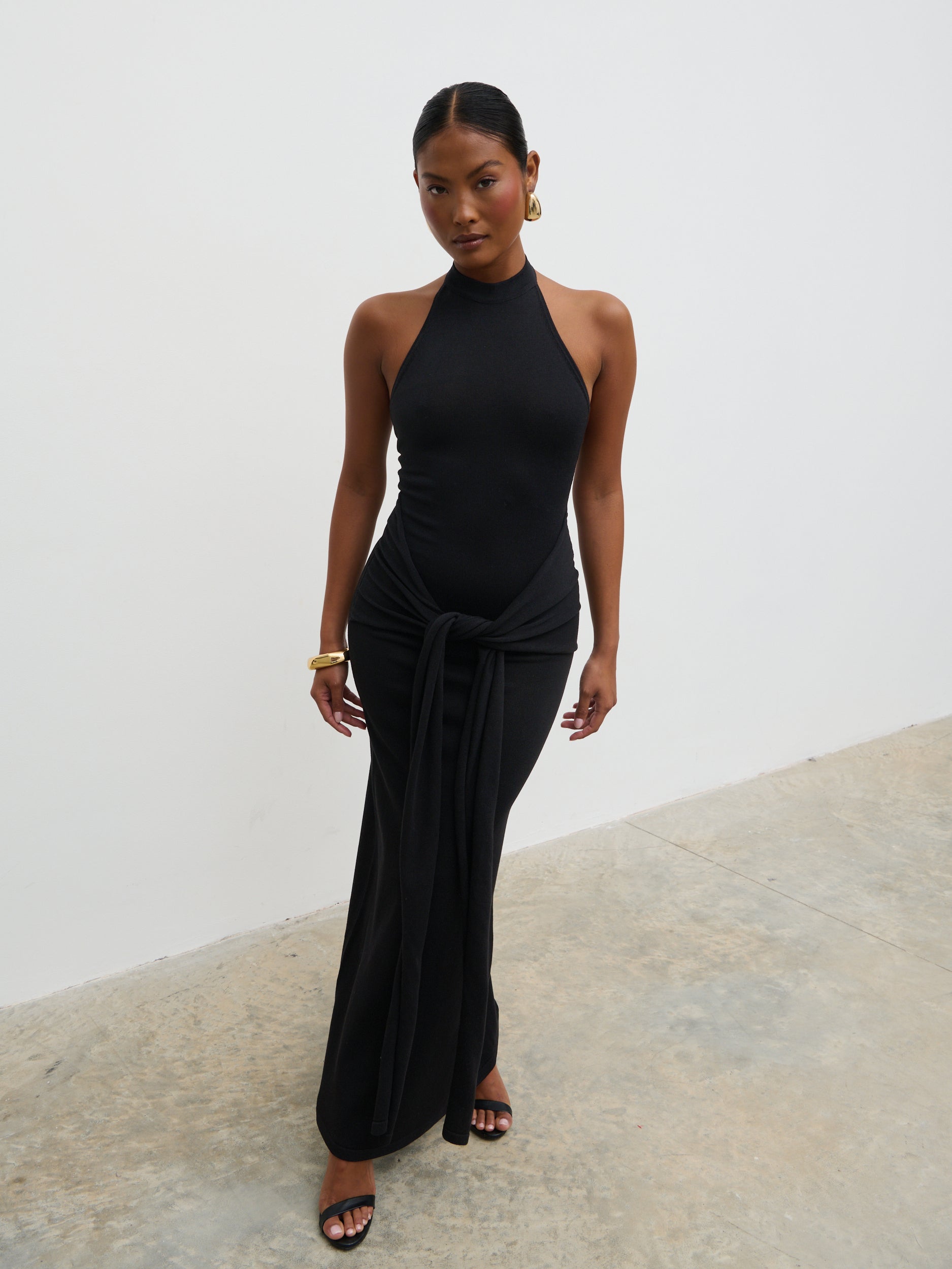 Bernelle Halterneck Tie Waist Knit Midaxi Dress - Black Pretty Lavish Bernelle Halterneck Tie Waist Knit Midaxi Dress - Black Pretty Lavish