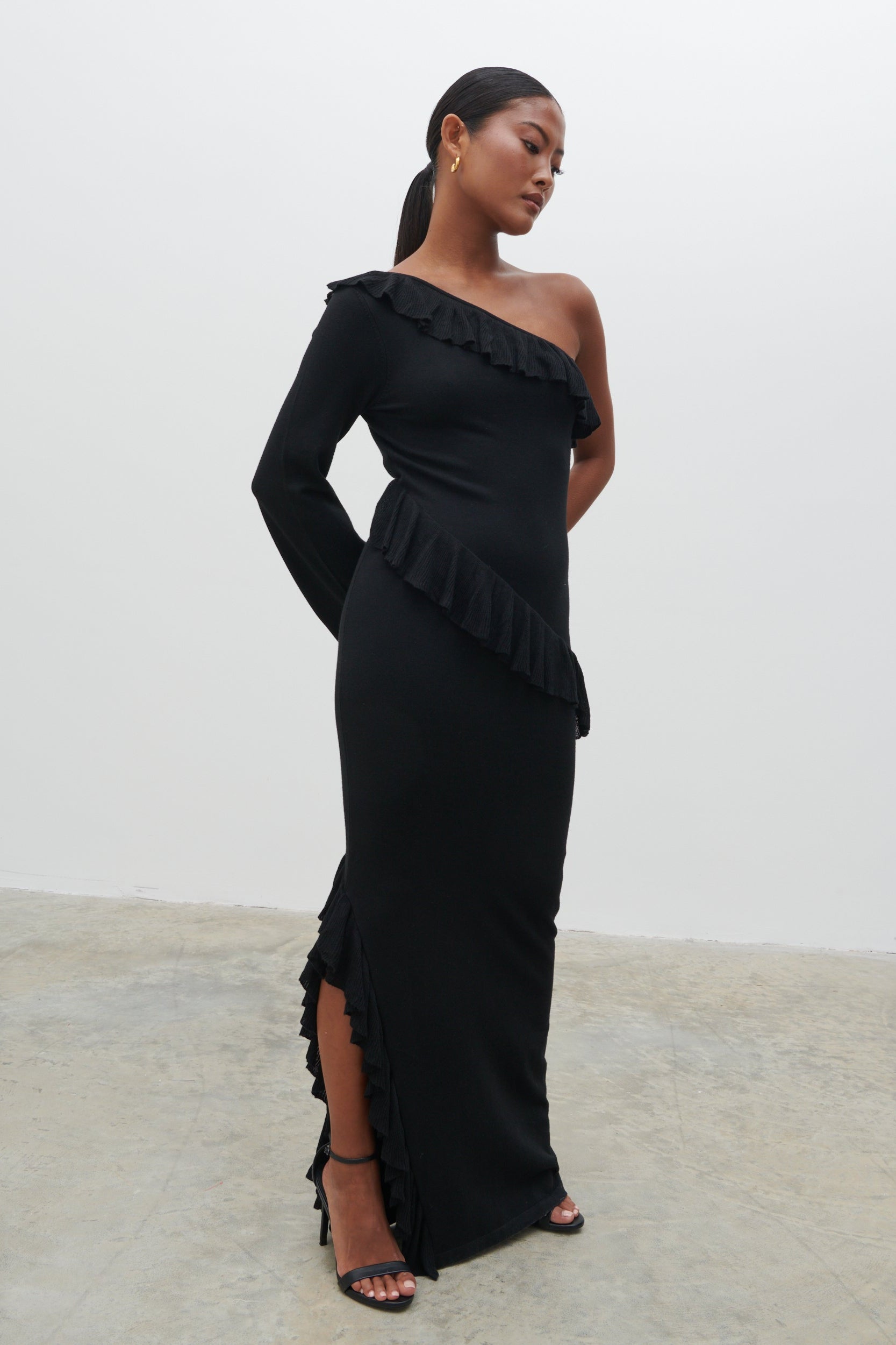 thumbnail image 2 of Jet Black Long Sleeve Ruffle Twirl Dress - Sweet Peas Co 2 of 13