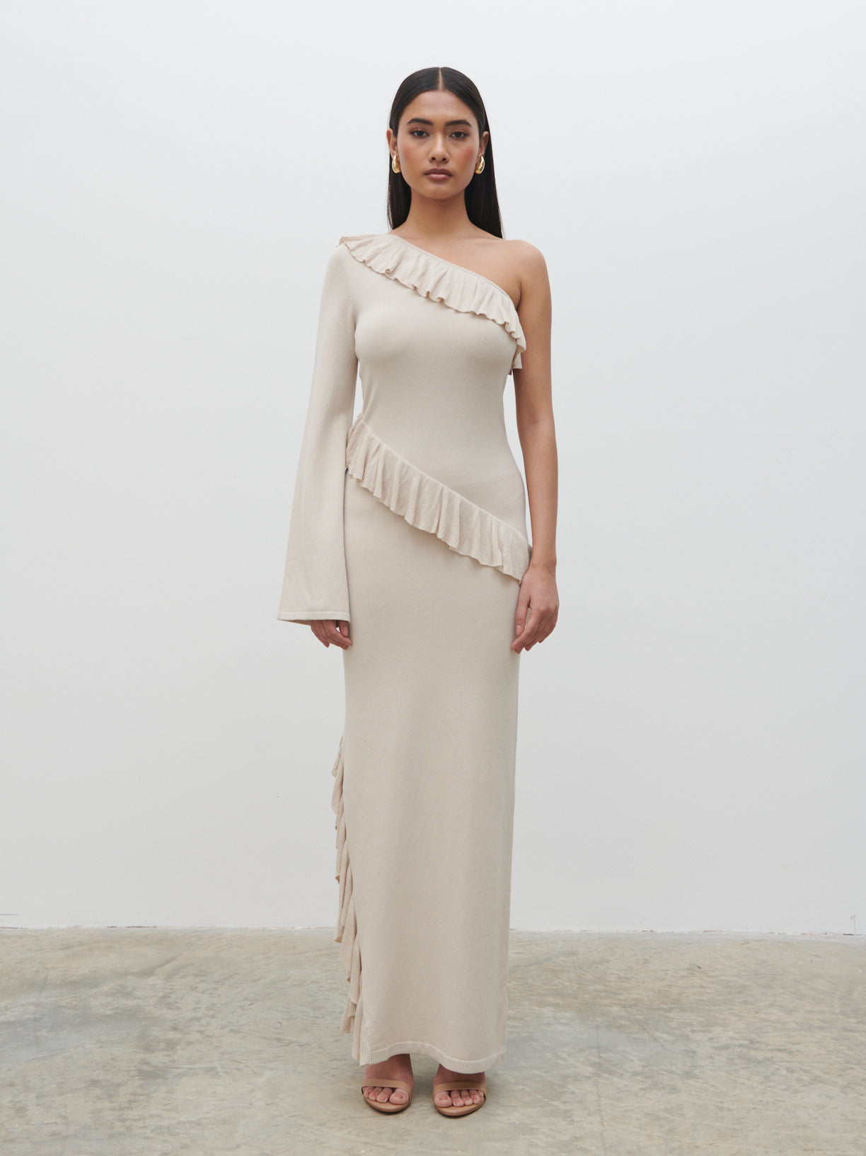 Bethanie Ruffle Maxi Knit Dress - Light Beige