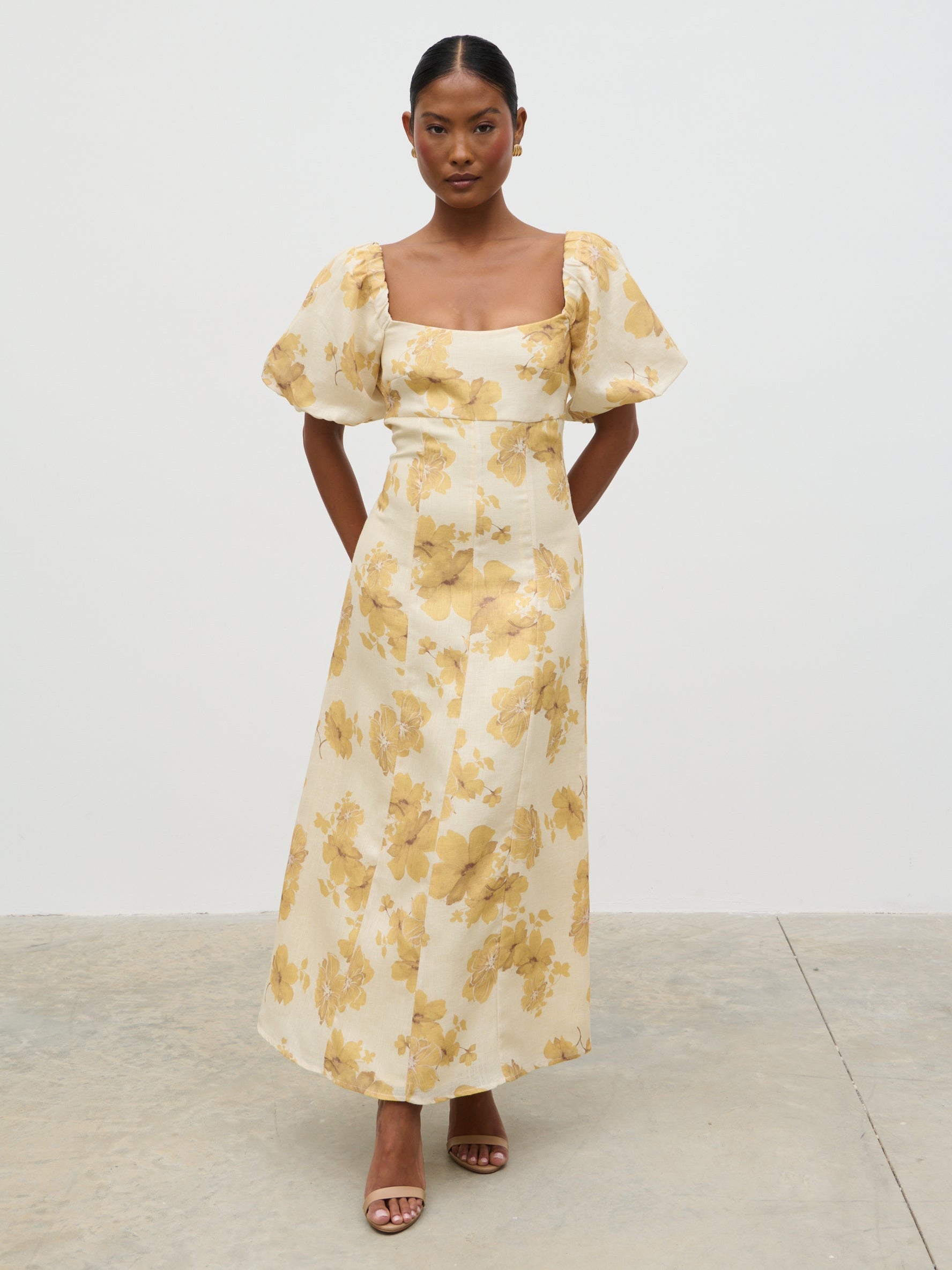 Bette Printed Puff Sleeve Midaxi Dress - Yellow Ochre Floral Pretty Lavish Bette Printed Puff Sleeve Midaxi Dress - Yellow Ochre Floral Pretty Lavish