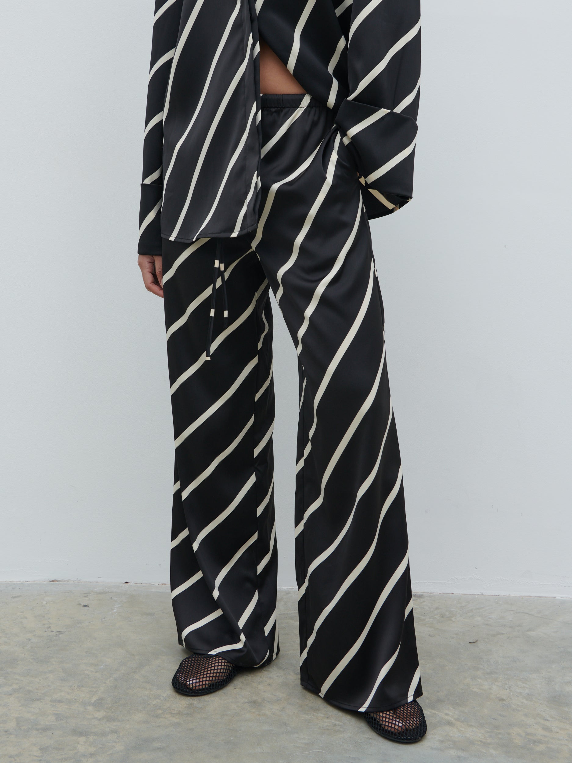 Bobbi Drawstring Trousers - Black Asymmetric Stripe