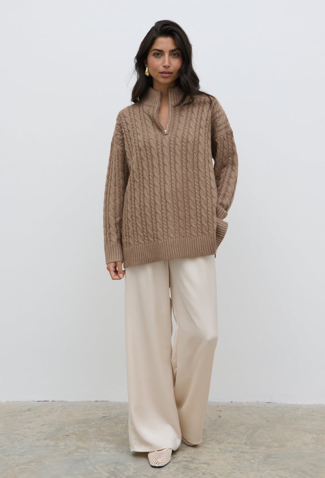 Braelyn Zip Collared Knit Jumper - Brown