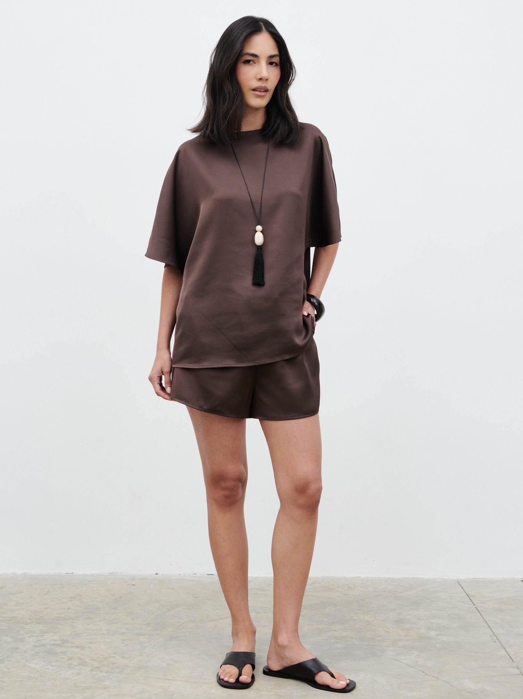 Breya Satin Drawstring Shorts Chocolate Brown