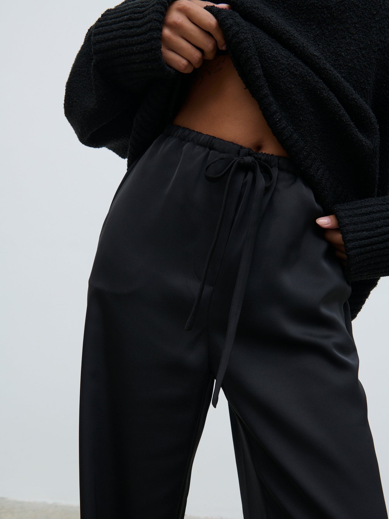 Breya Satin Drawstring Trousers - Black