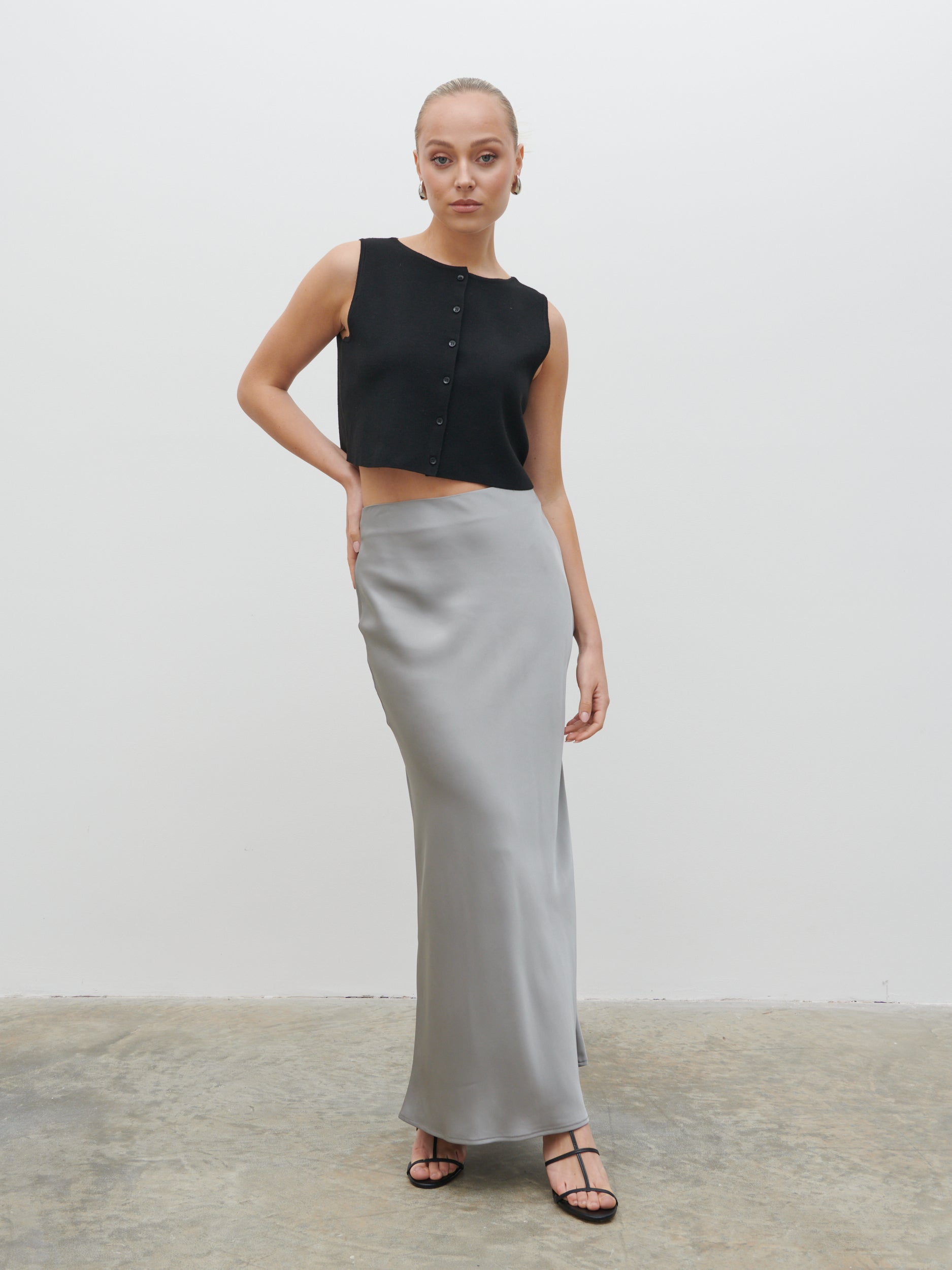Breya Satin Maxi Skirt Slate Grey – Pretty Lavish