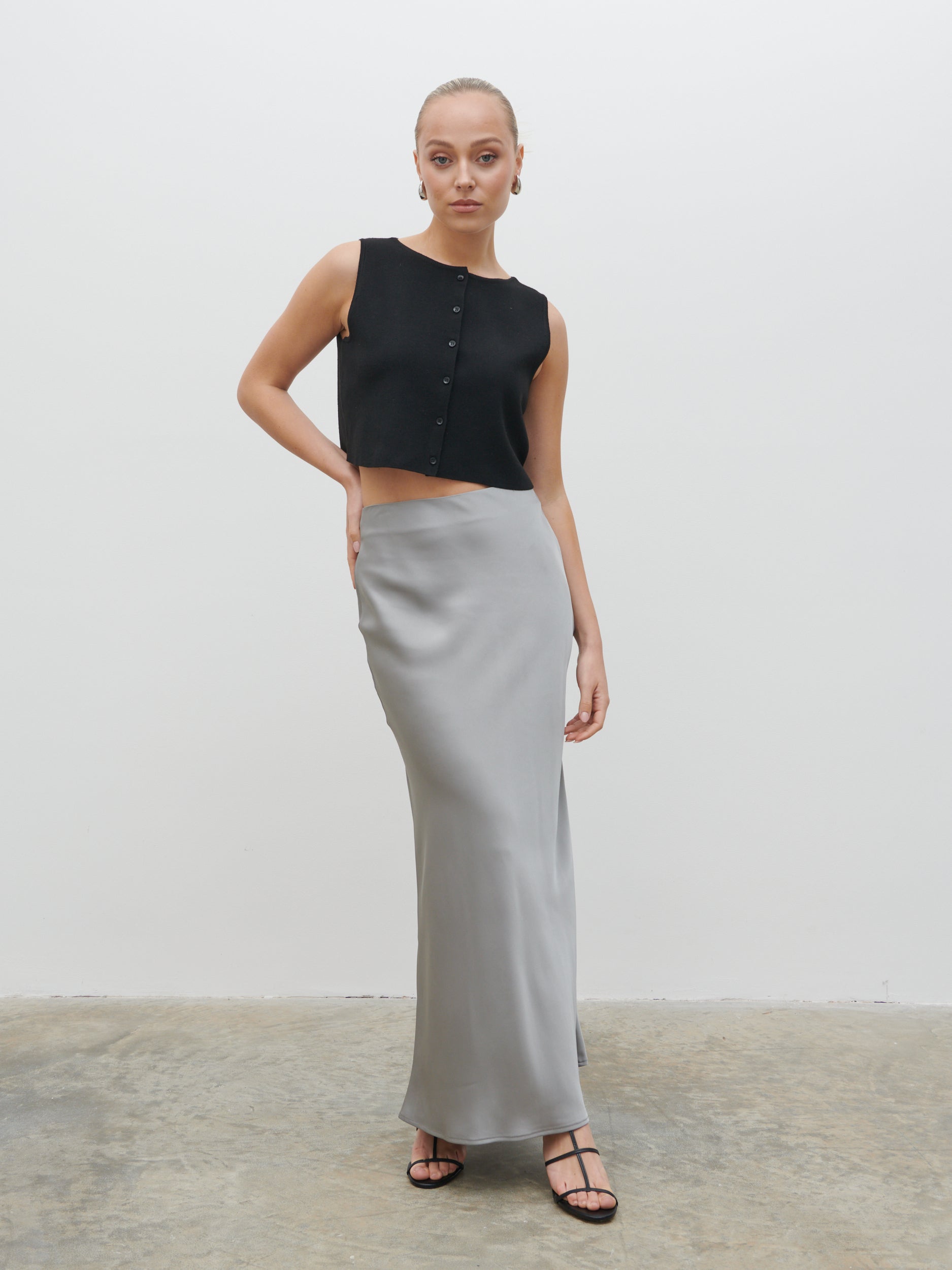 Breya Satin Maxi Skirt - Slate Grey