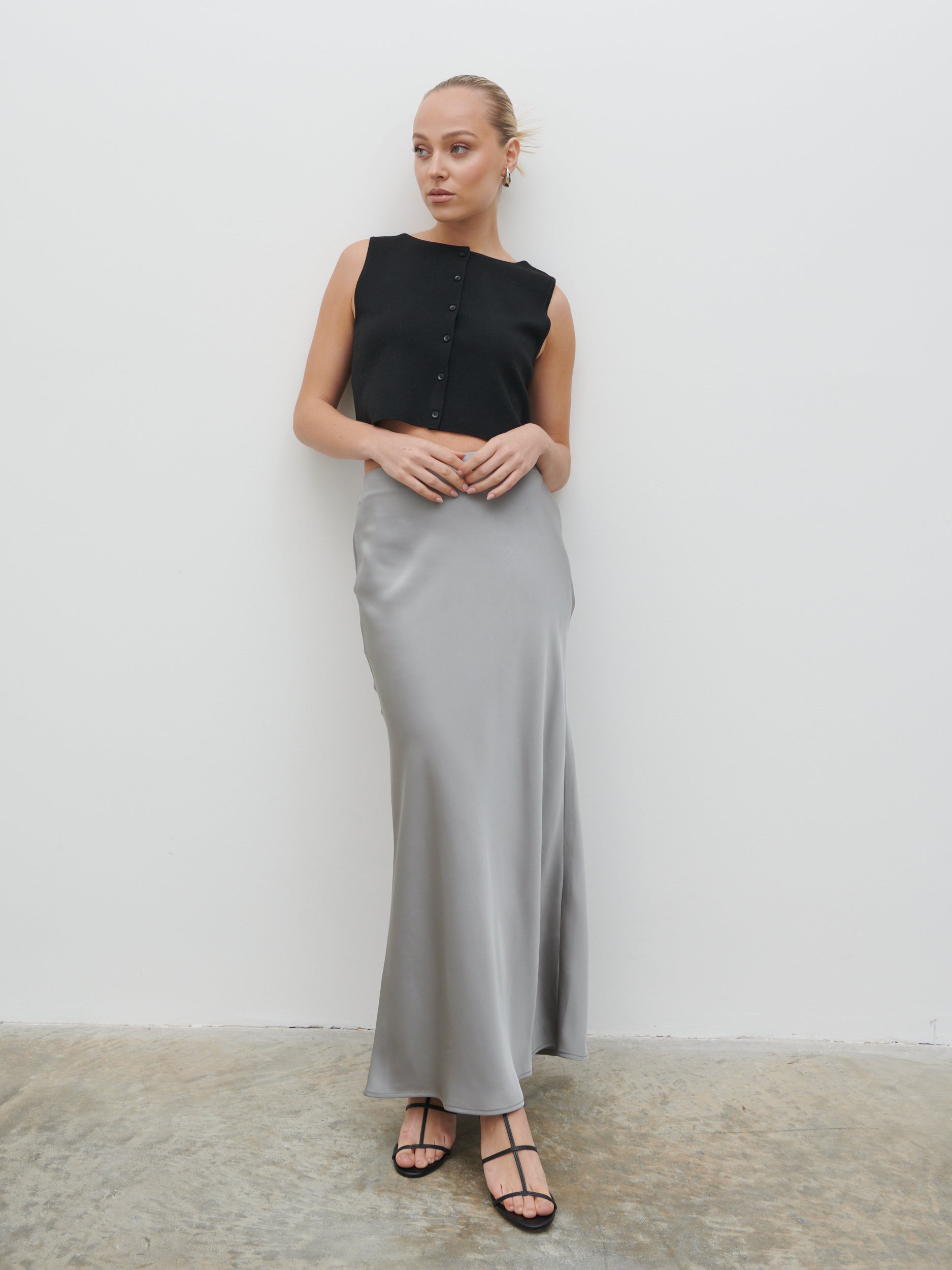 Breya Satin Maxi Skirt Slate Grey - Main Image
