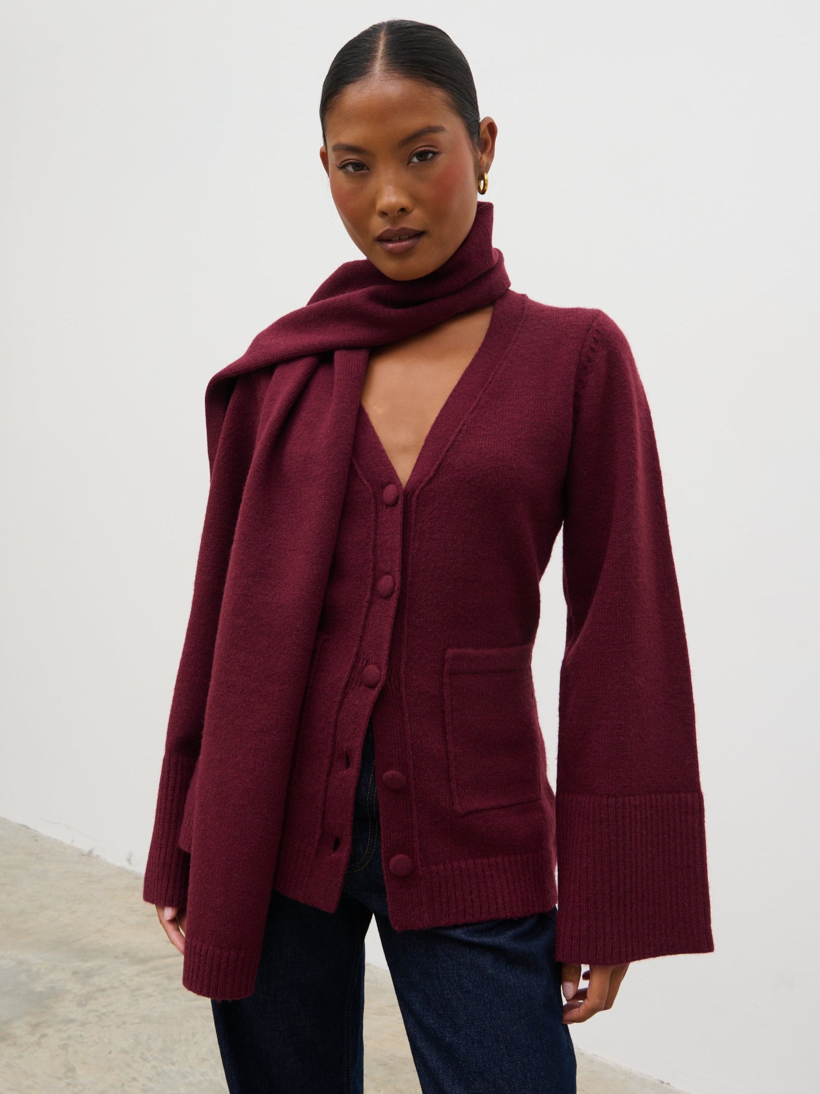 Florie Knit Cardigan with Scarf - Wine