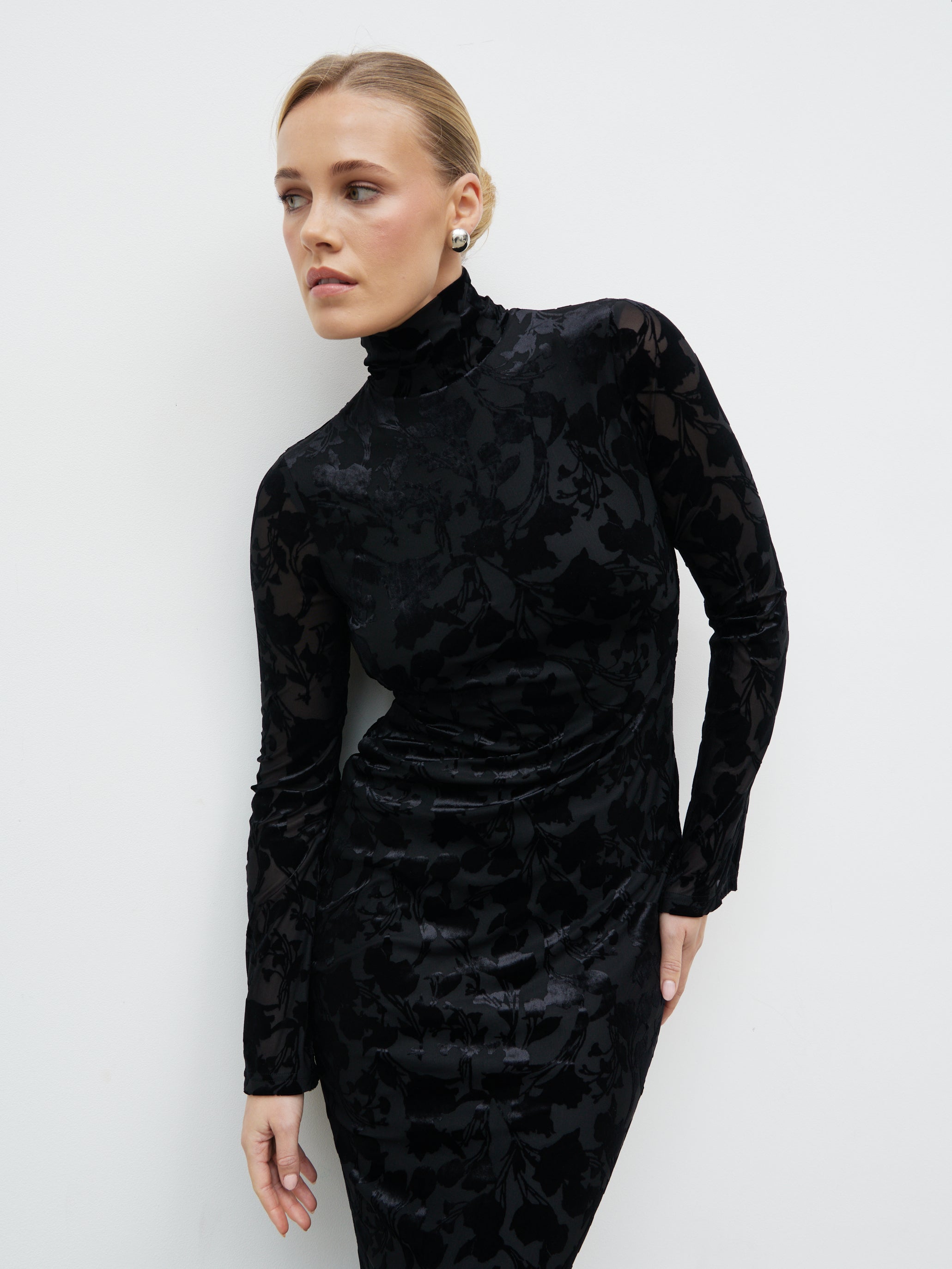 Caitlin Flocked Backless Maxi Dress - Black Pretty Lavish Caitlin Flocked Backless Maxi Dress - Black Pretty Lavish