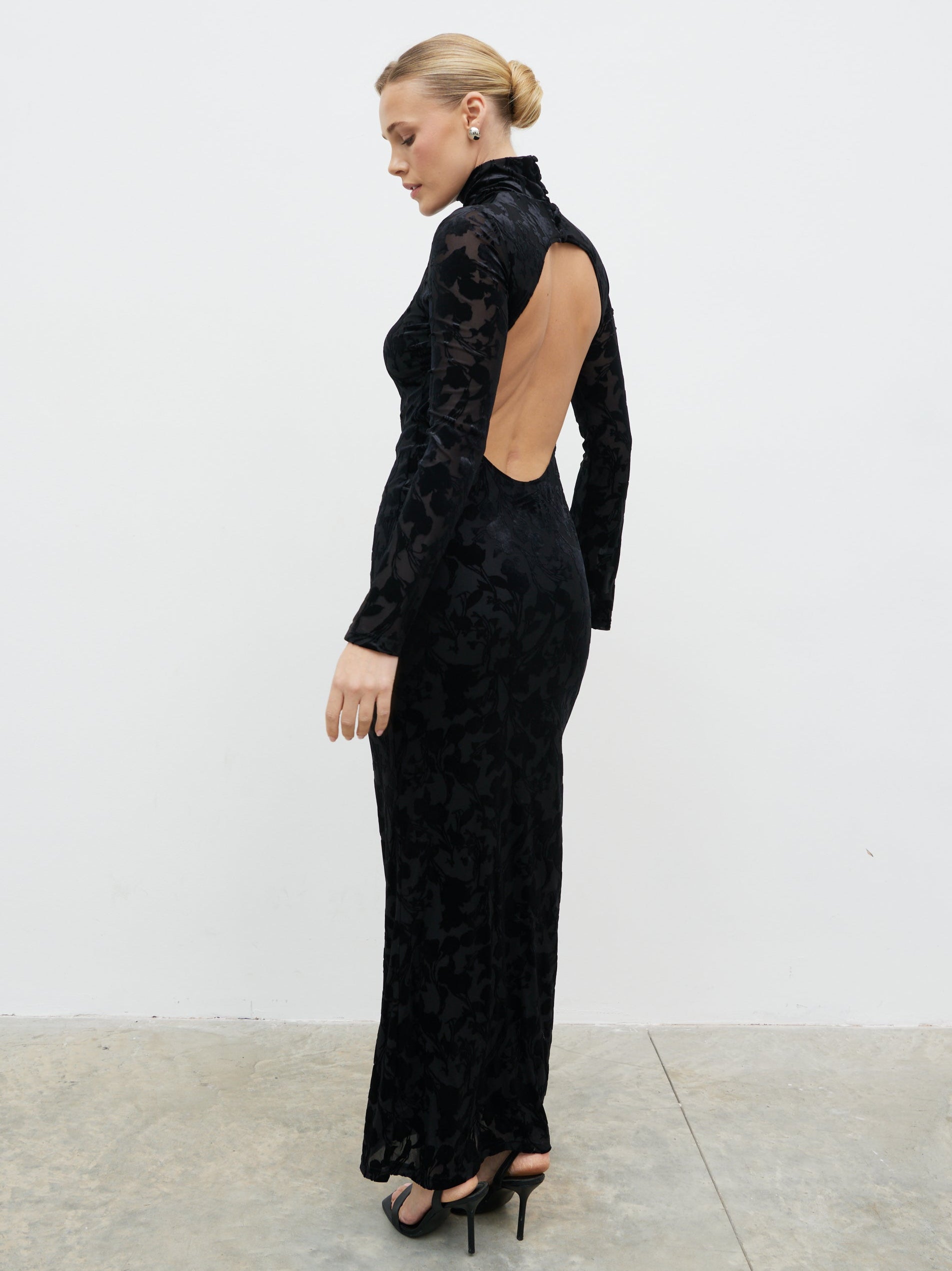 Caitlin Flocked Backless Maxi Dress - Black Pretty Lavish Caitlin Flocked Backless Maxi Dress - Black Pretty Lavish