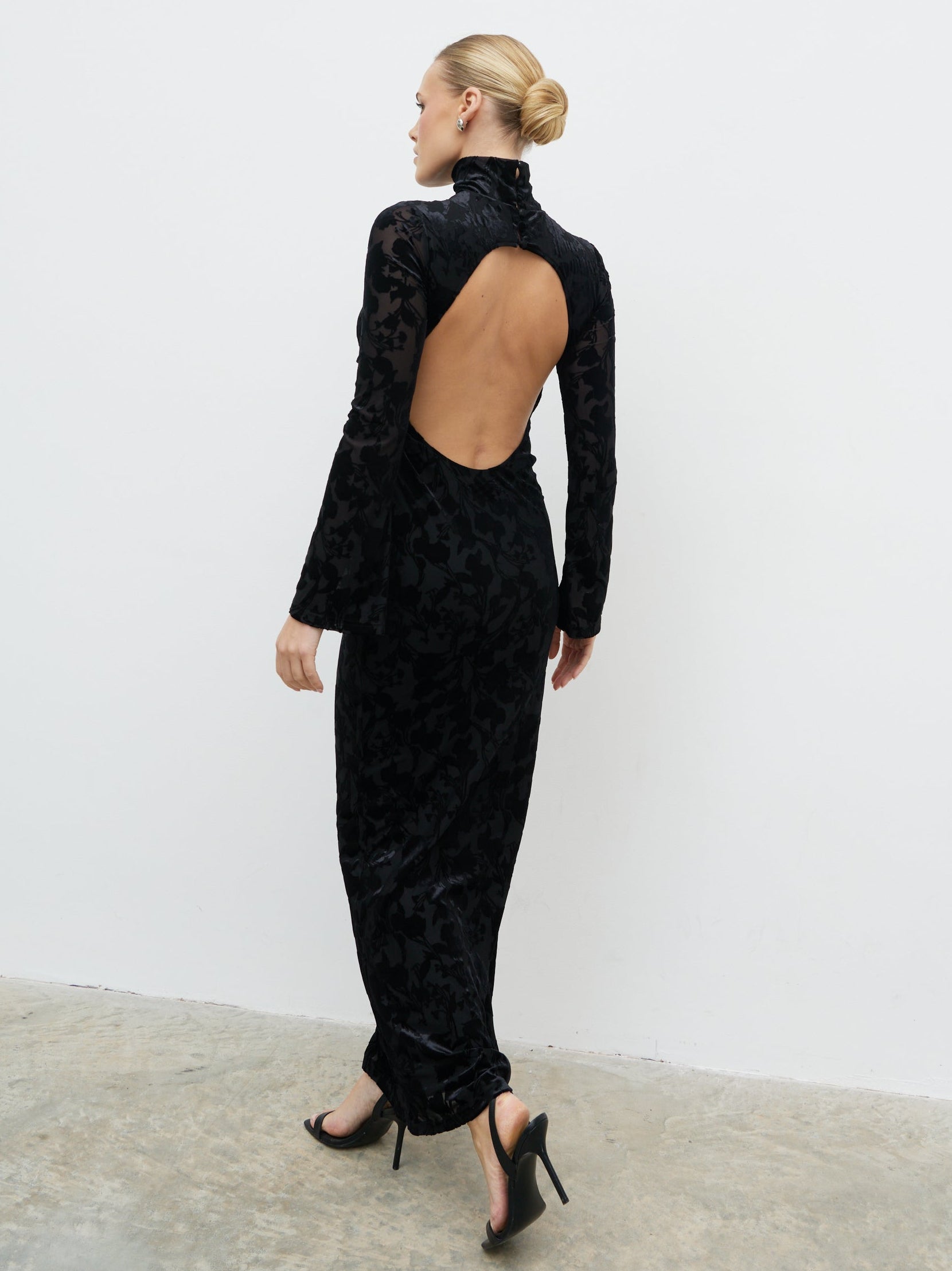 Caitlin Flocked Backless Maxi Dress - Black Pretty Lavish Caitlin Flocked Backless Maxi Dress - Black Pretty Lavish