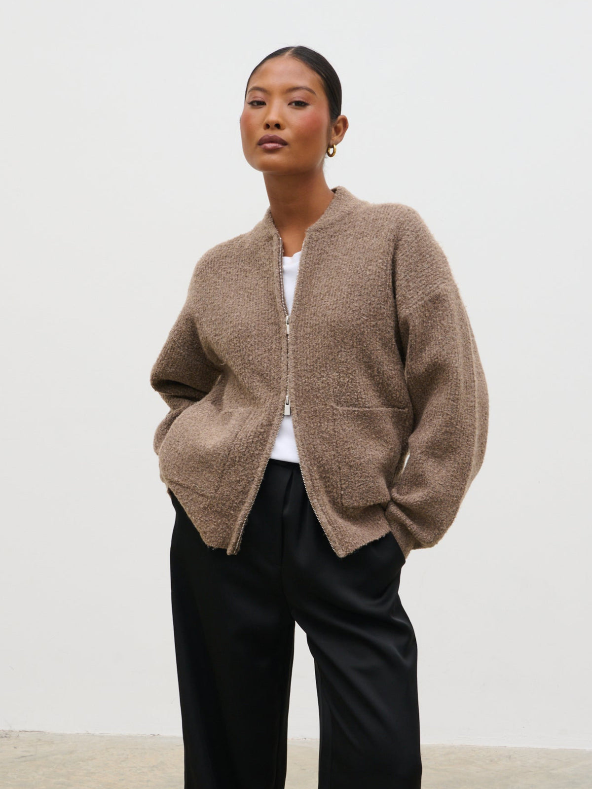 Camille Boucle Knit Bomber - Mocha – Pretty Lavish