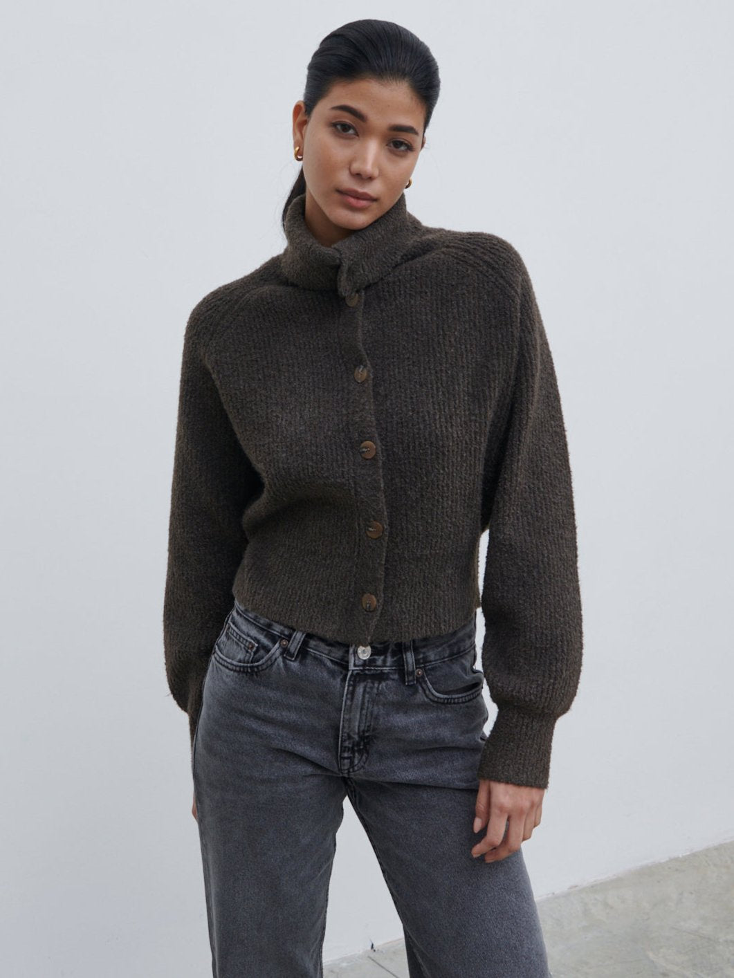 Camille High Neck Knit Cardigan - Bark