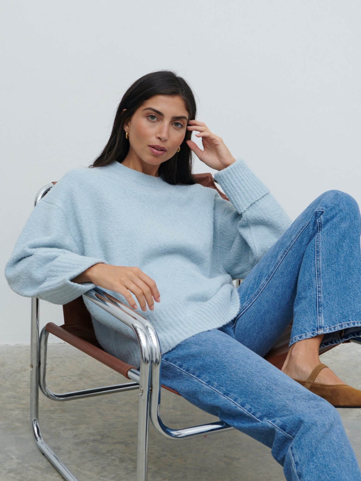 Camille Oversized Borg Knit Jumper - Pale Blue