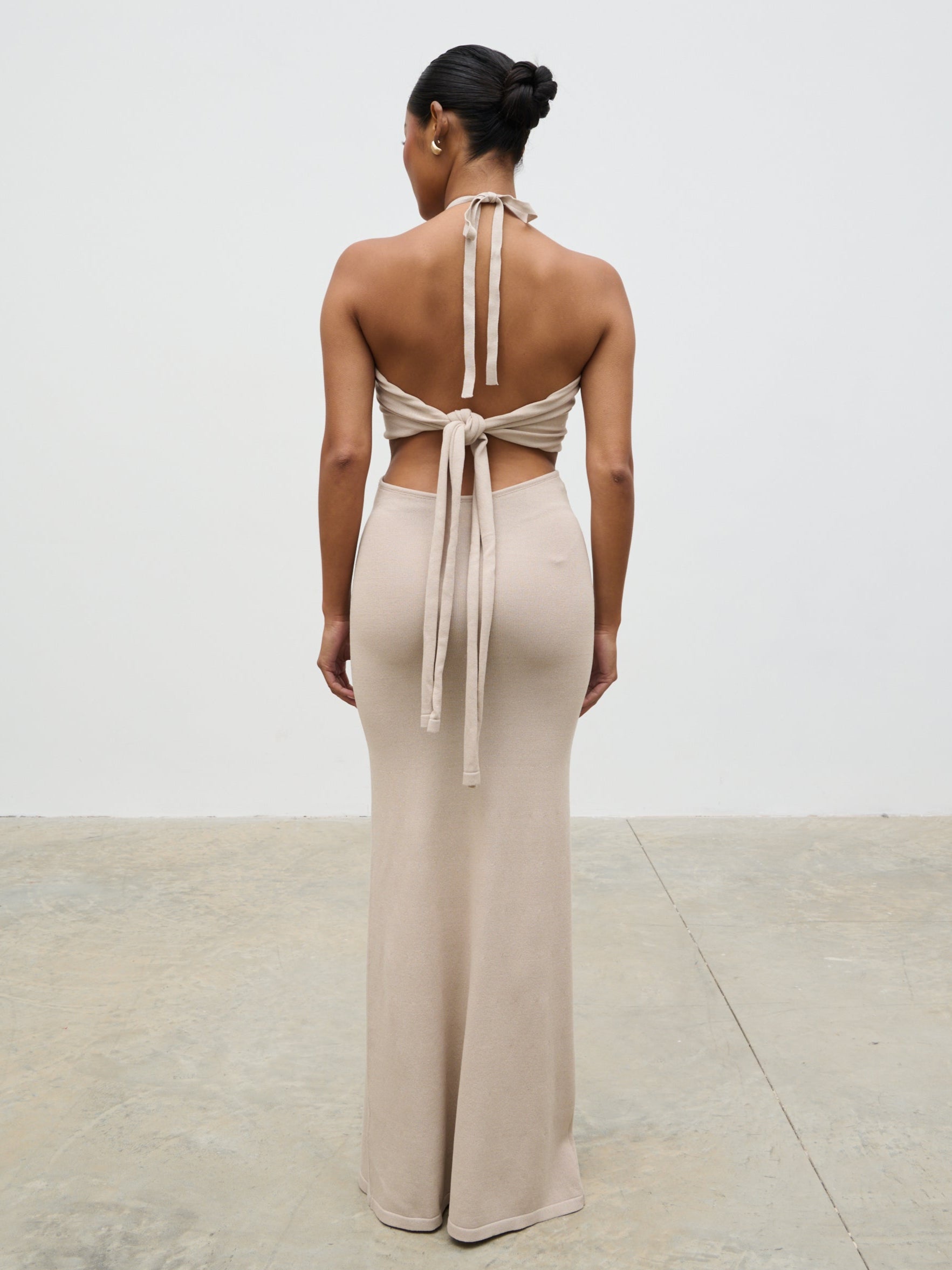 Candice Halterneck Beaded Knit Maxi Dress - Stone Pretty Lavish Candice Halterneck Beaded Knit Maxi Dress - Stone Pretty Lavish