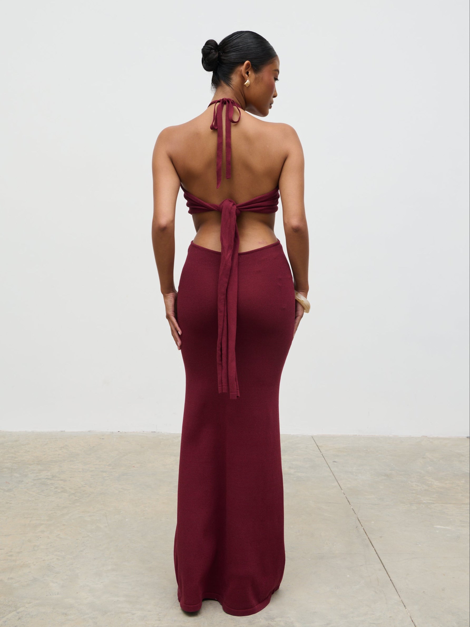 Candice Halterneck Beaded Knit Maxi Dress - Wine Candice Halterneck Beaded Knit Maxi Dress - Wine