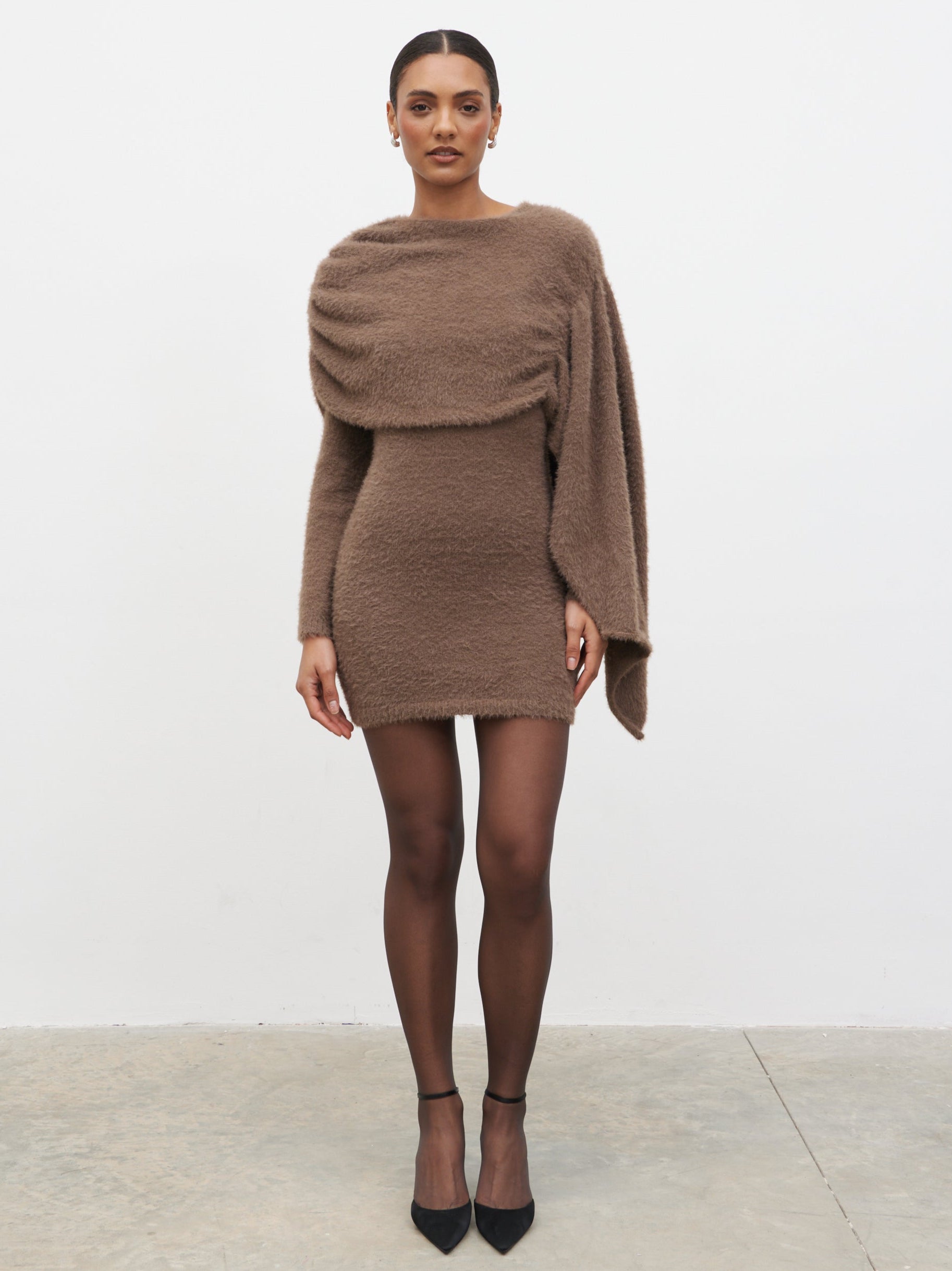 Cassio Drape Fluffy Knit Mini Dress