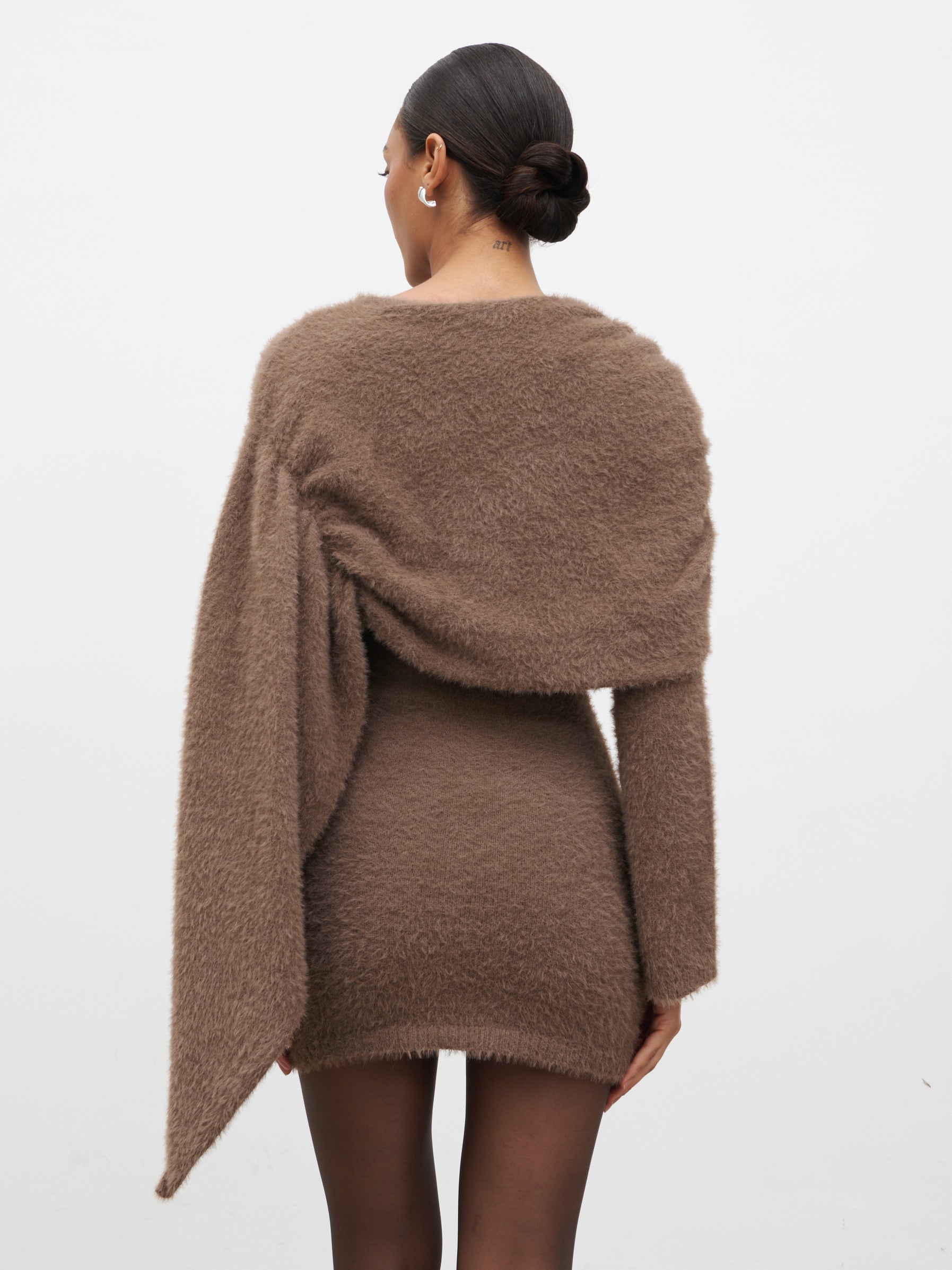 Cassio Drape Fluffy Knit Mini Dress - Mushroom  Pretty Lavish