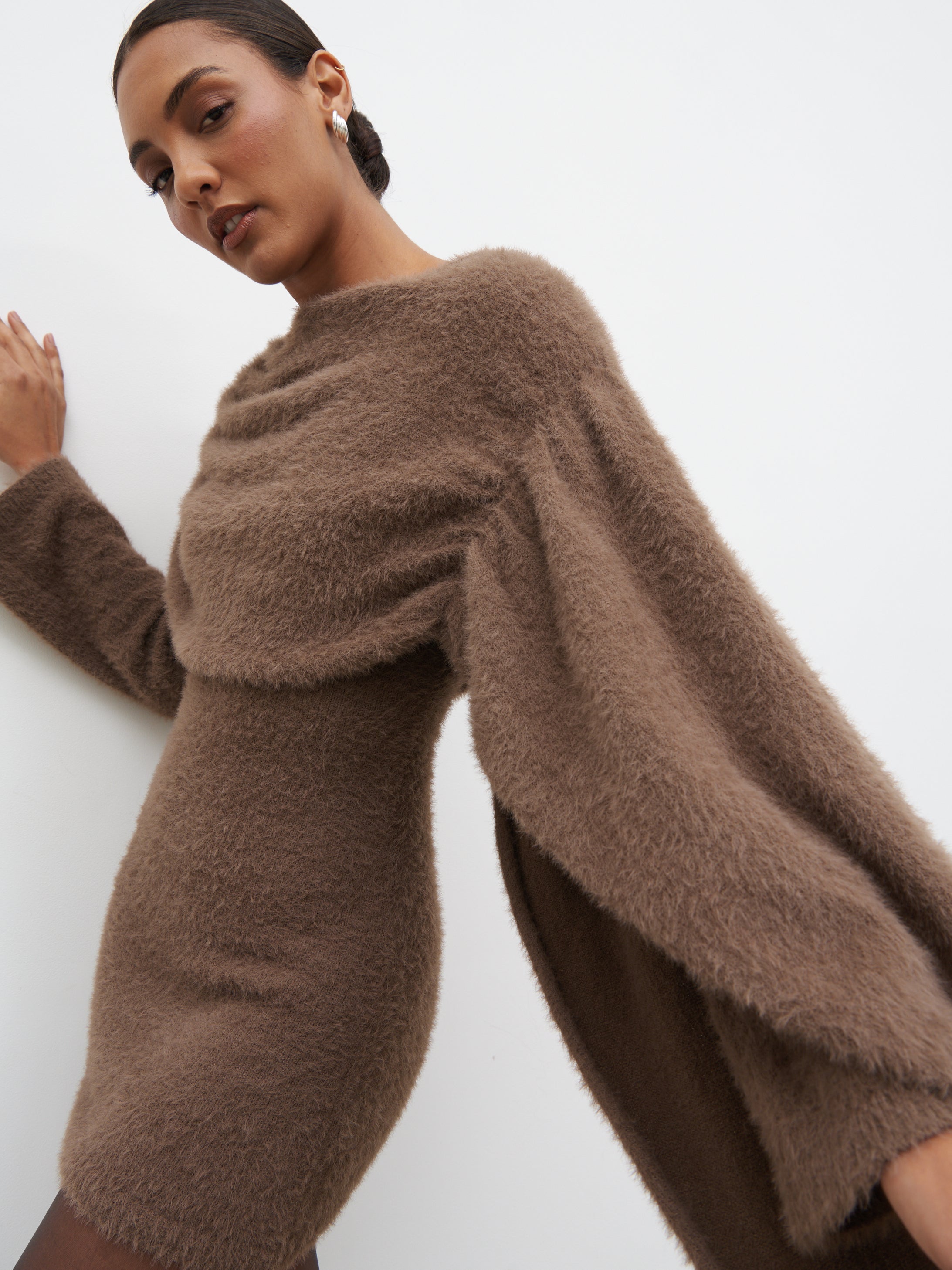 Cassio Drape Fluffy Knit Mini Dress - Mushroom  Pretty Lavish