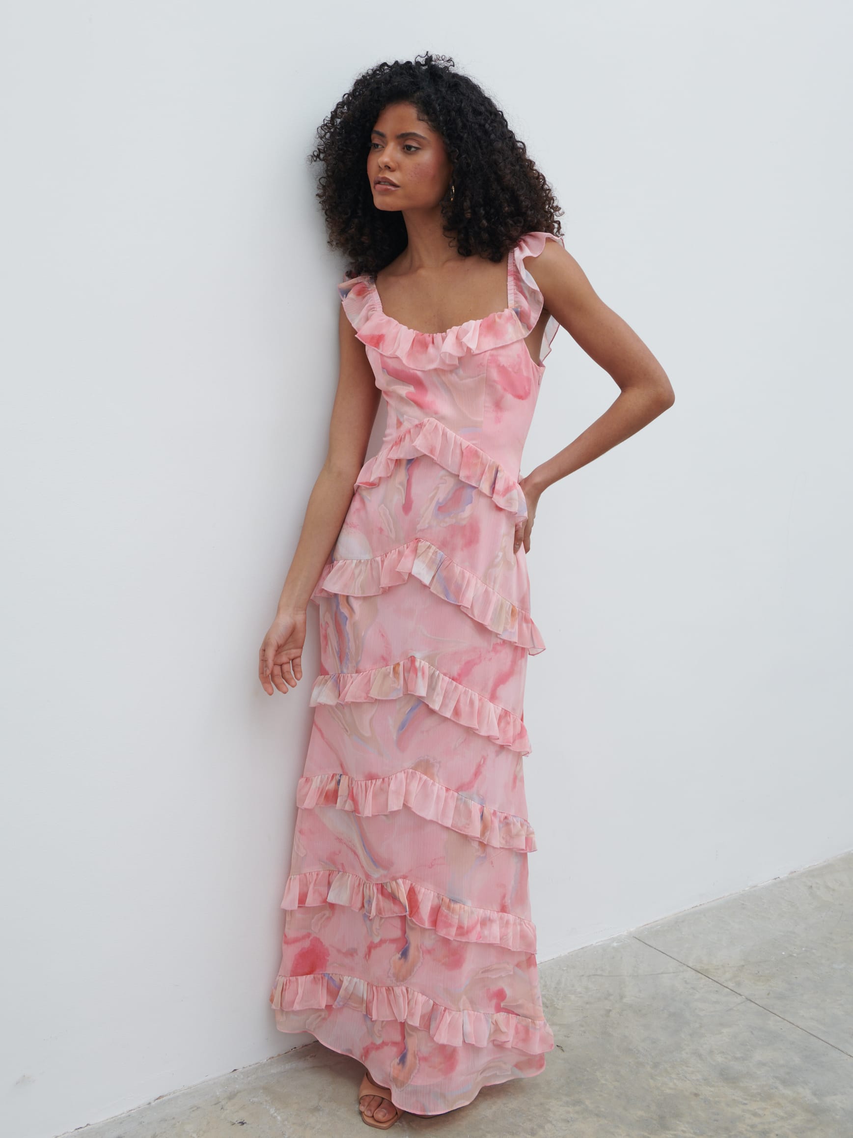 pretty lavish pink ruffle dress Pretty Lavish ruffle jacquard maxi dress in posie pink