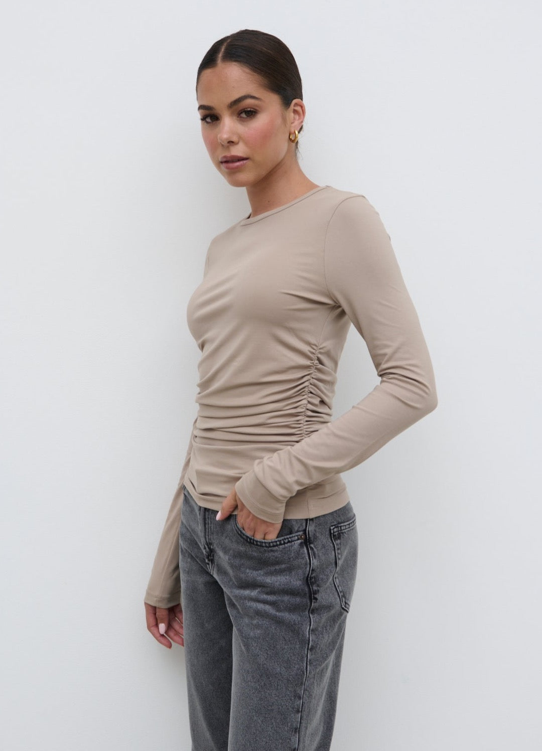 Celia Gathered Jersey Top - Taupe