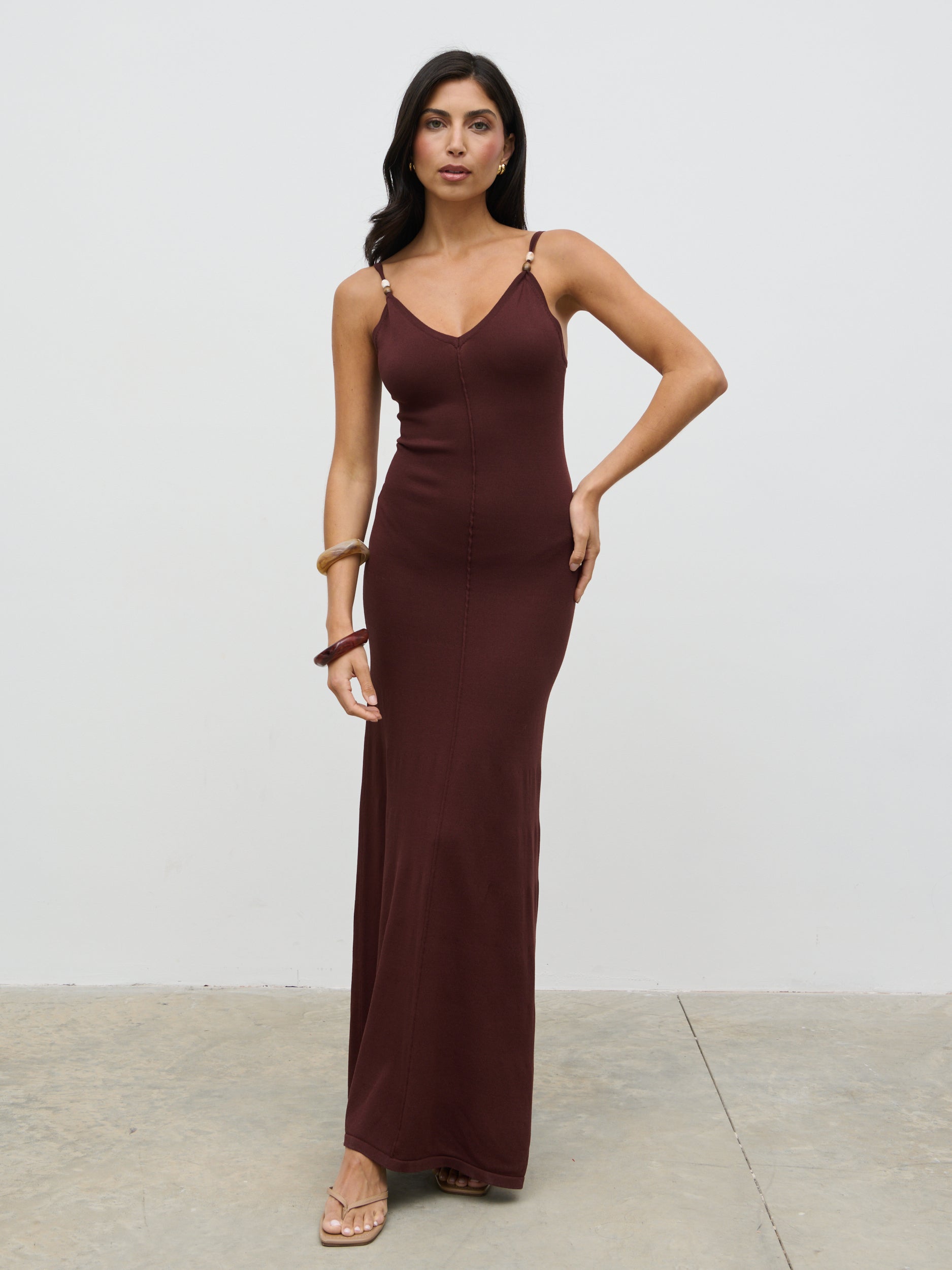 Connie Beaded V Neck Knit Maxi Dress - Brown Connie Beaded V Neck Knit Maxi Dress - Brown
