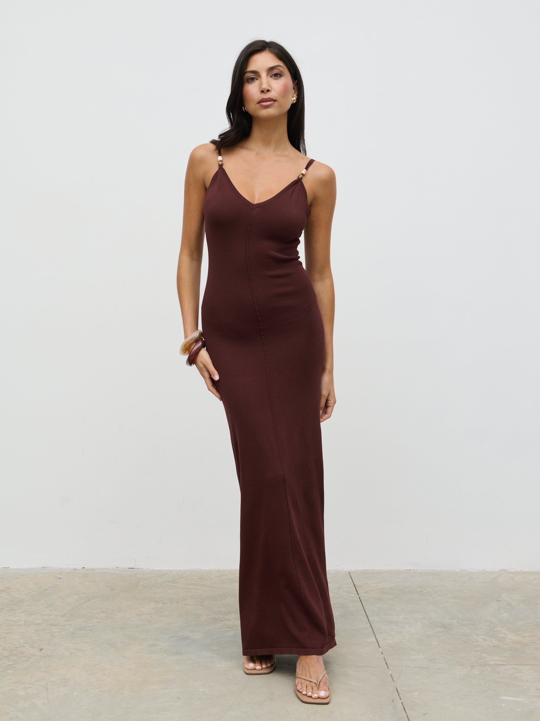 Connie Beaded V Neck Knit Maxi Dress - Brown Pretty Lavish Connie Beaded V Neck Knit Maxi Dress - Brown Pretty Lavish
