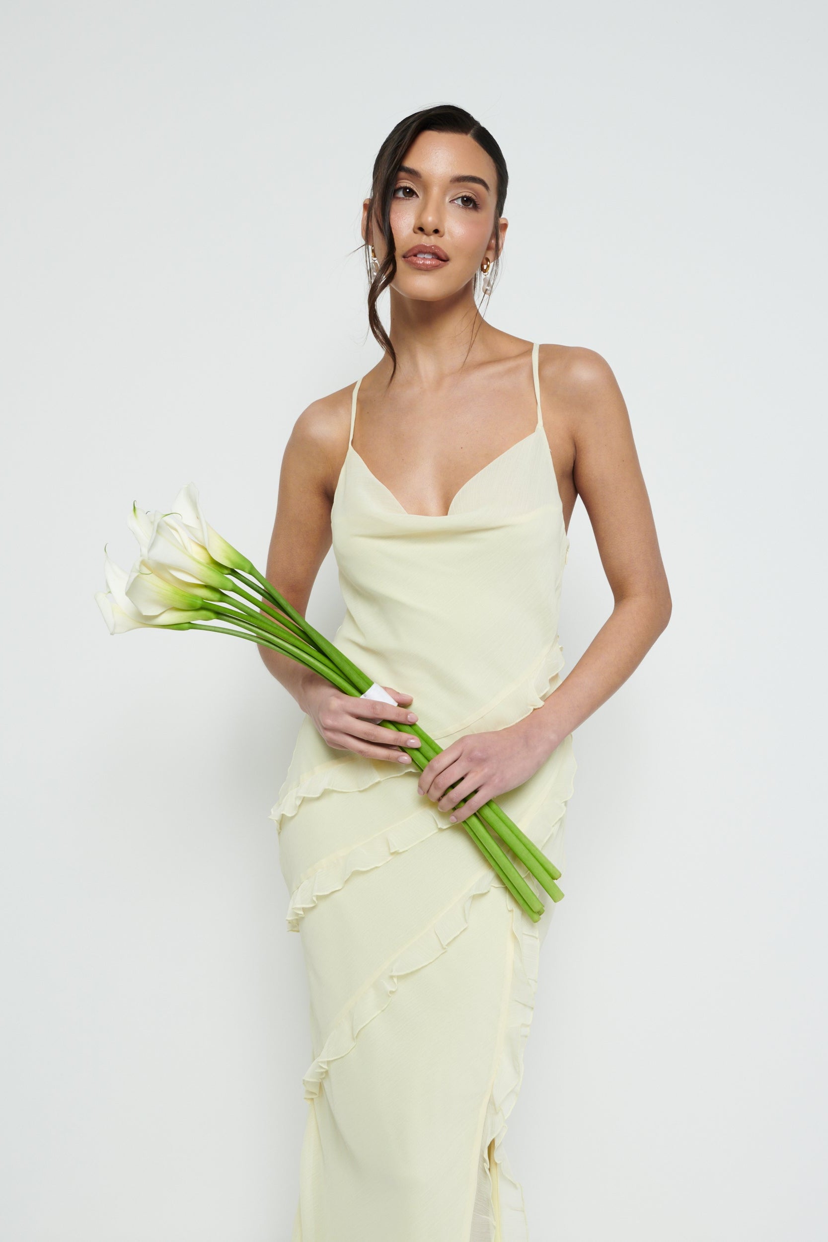 Constance Ruffle Chiffon Maxi Bridesmaid Dress - Lemon Pretty Lavish Constance Ruffle Chiffon Maxi Bridesmaid Dress - Lemon Pretty Lavish