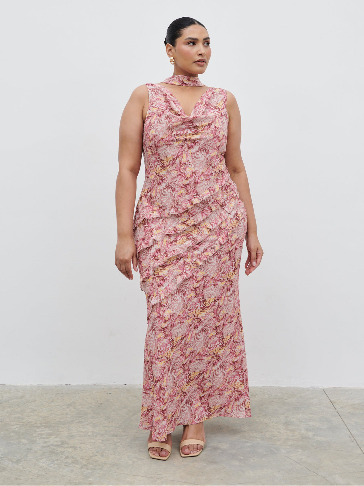 Constance Scarf Ruffle Maxi Dress Curve - Berry Multi Abstract – Pretty ...