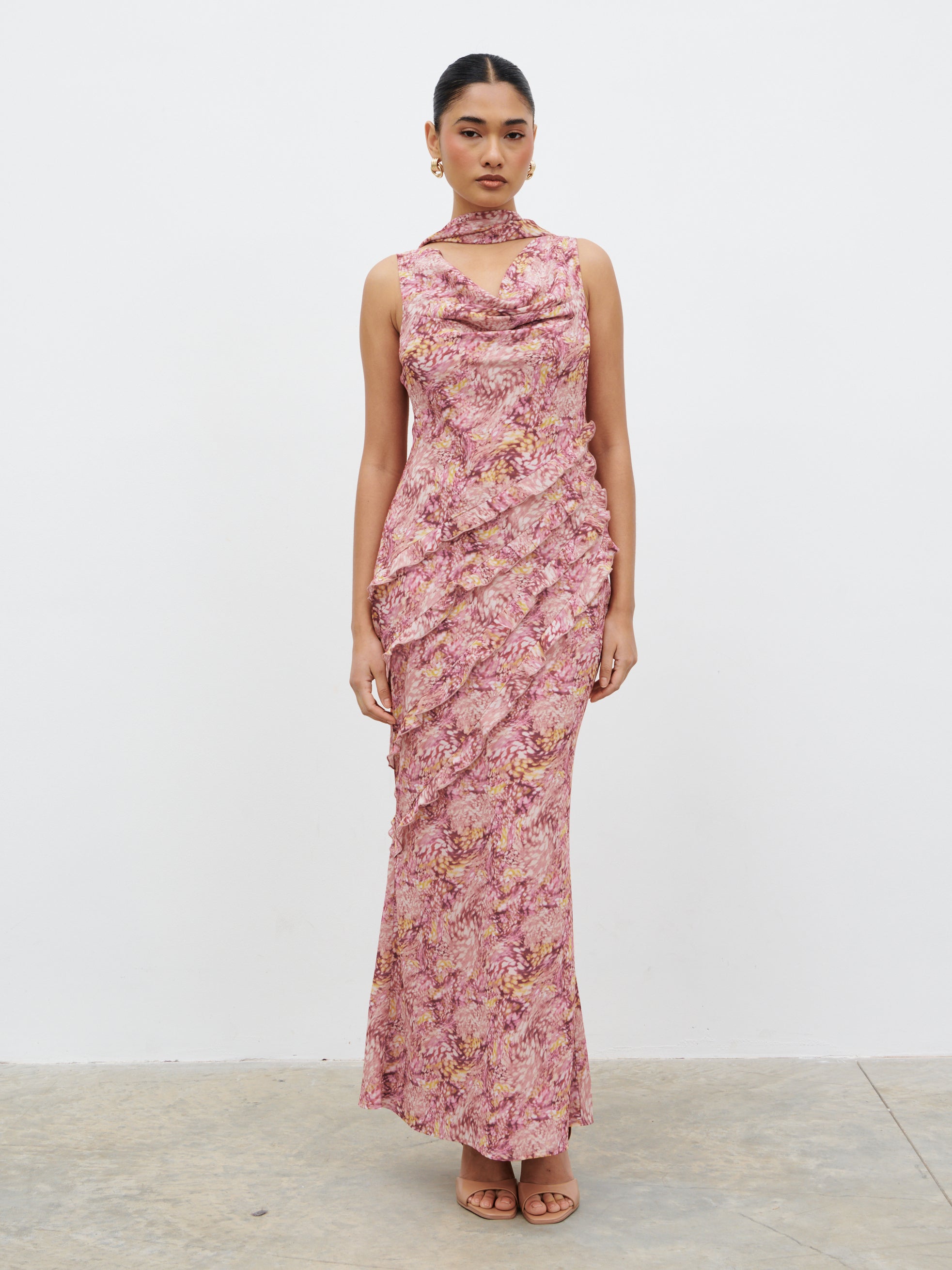 Constance Scarf Ruffle Maxi Dress - Berry Multi Abstract Pretty Lavish Constance Scarf Ruffle Maxi Dress - Berry Multi Abstract Pretty Lavish