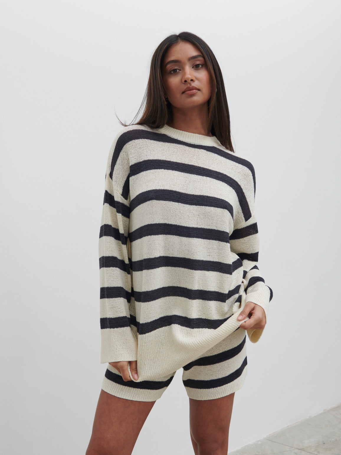 Dakota Stripe Knit Shorts - Cream and Navy