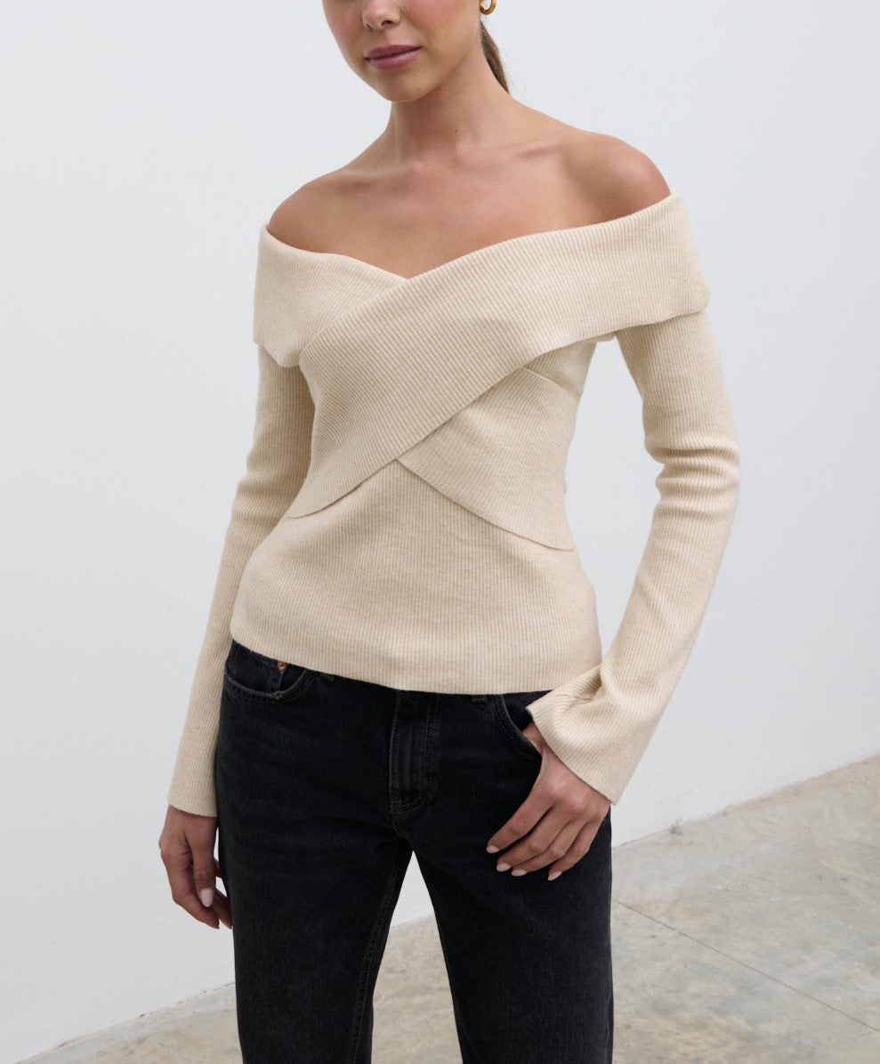 Daphne Cross Over Knit Top - Cream