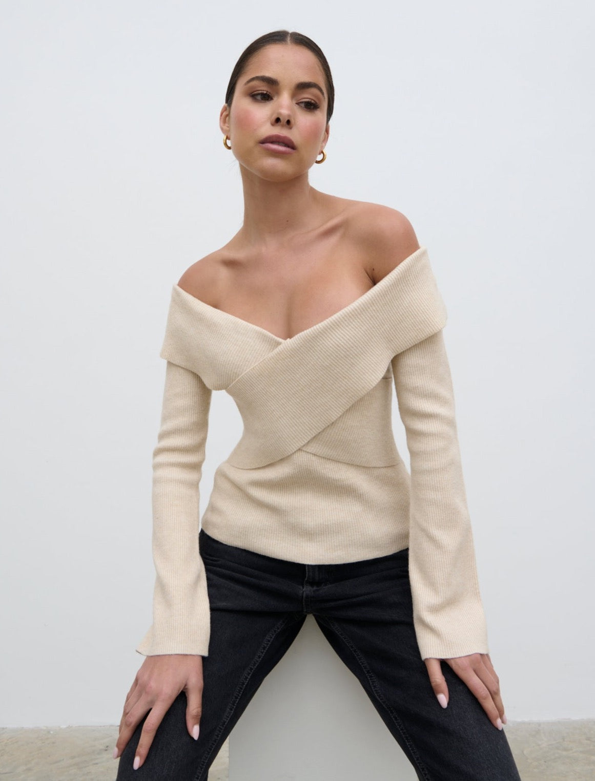 Daphne Cross Over Knit Top - Cream