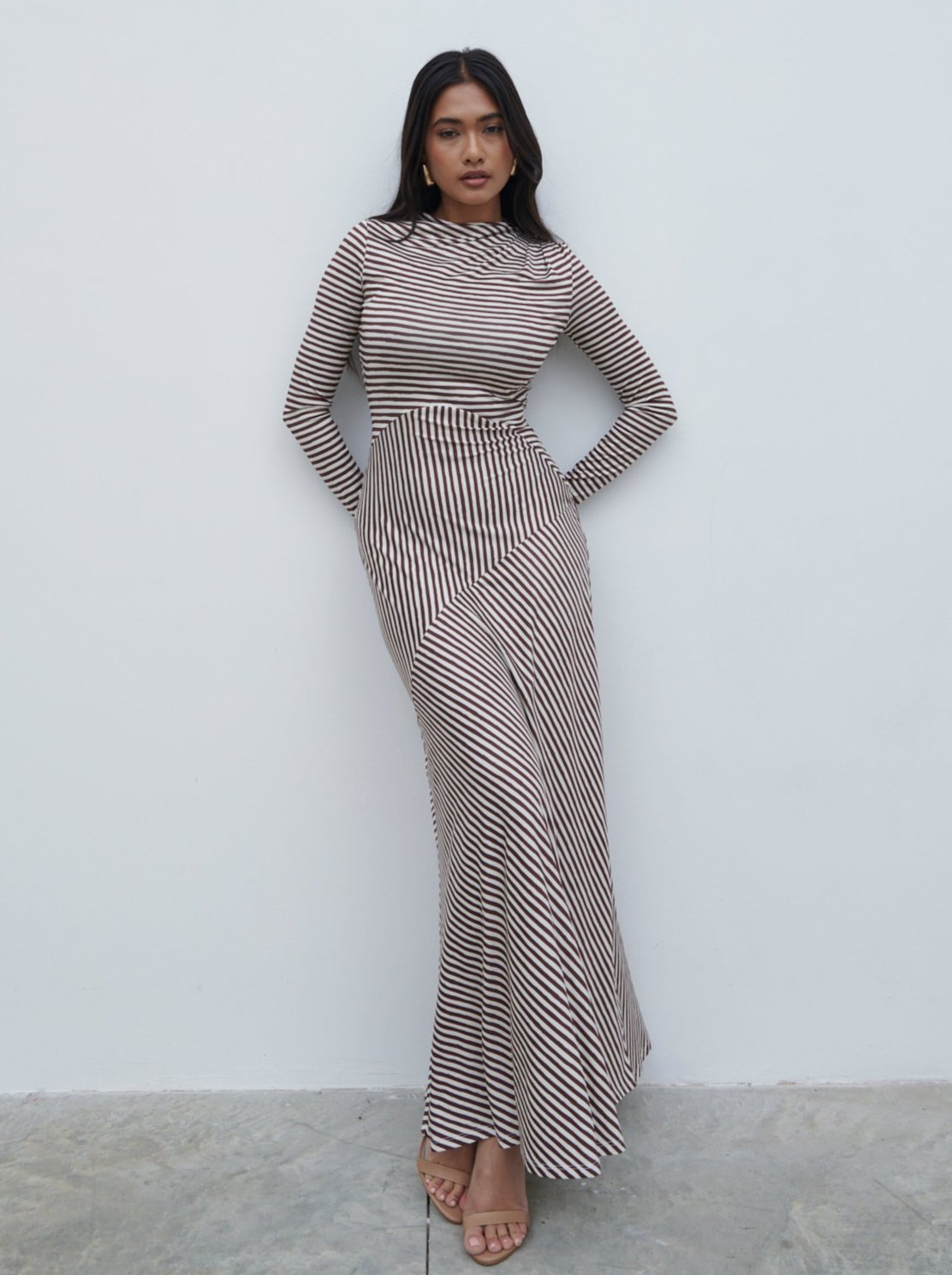 Delilah Asymmetric Jersey Maxi Dress - Brown and Cream Stripe