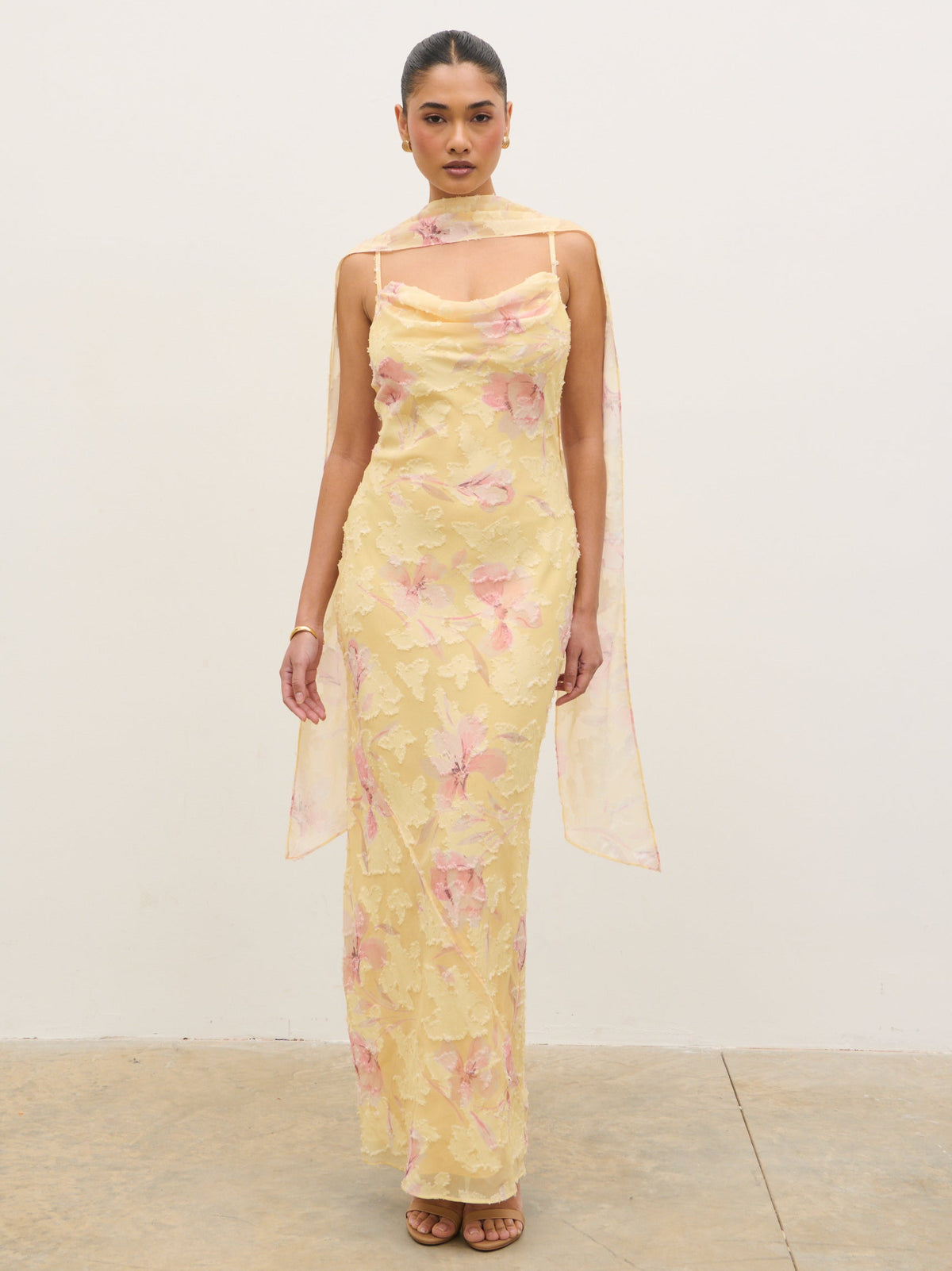 Eden Scarf Jacquard Printed Maxi Dress Lemon Blush Floral