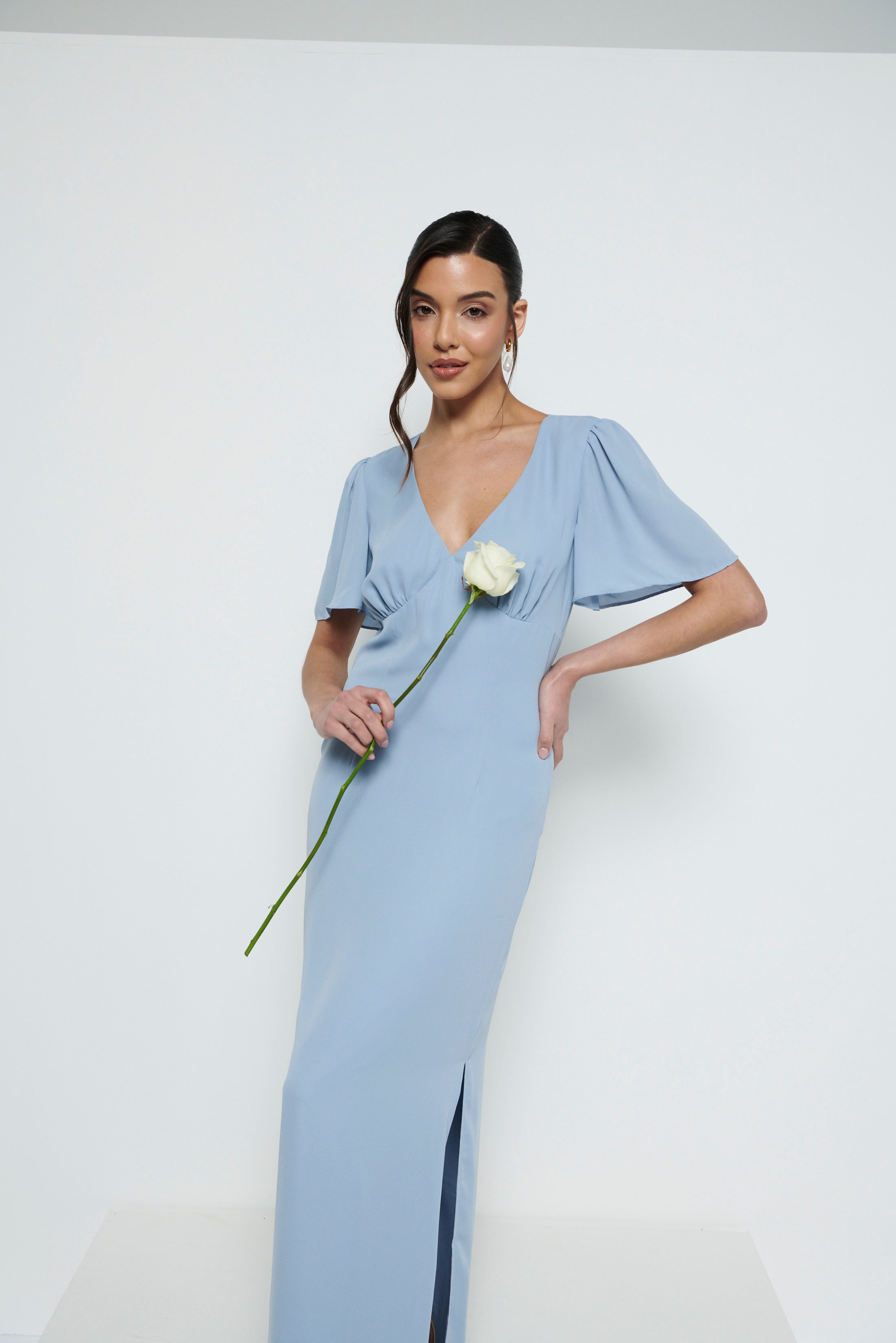 Edie Chiffon Short Sleeve Maxi Bridesmaid Dress - Dusty Blue Pretty Lavish Edie Chiffon Short Sleeve Maxi Bridesmaid Dress - Dusty Blue Pretty Lavish