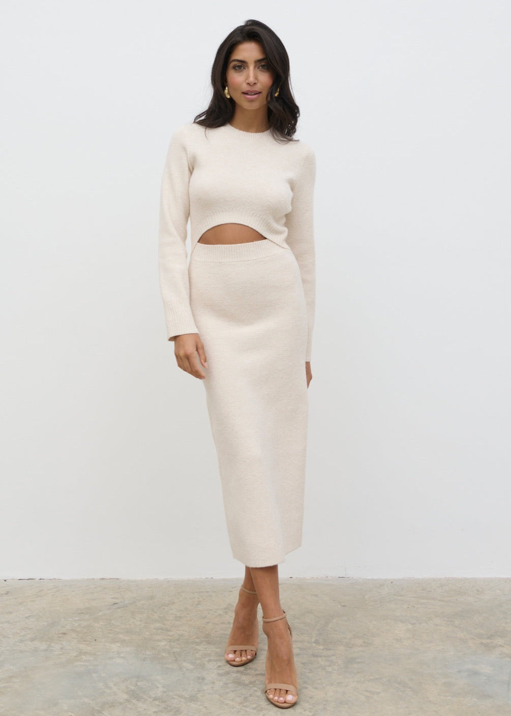 Elena Cut Out Knit Midaxi Dress - Ecru