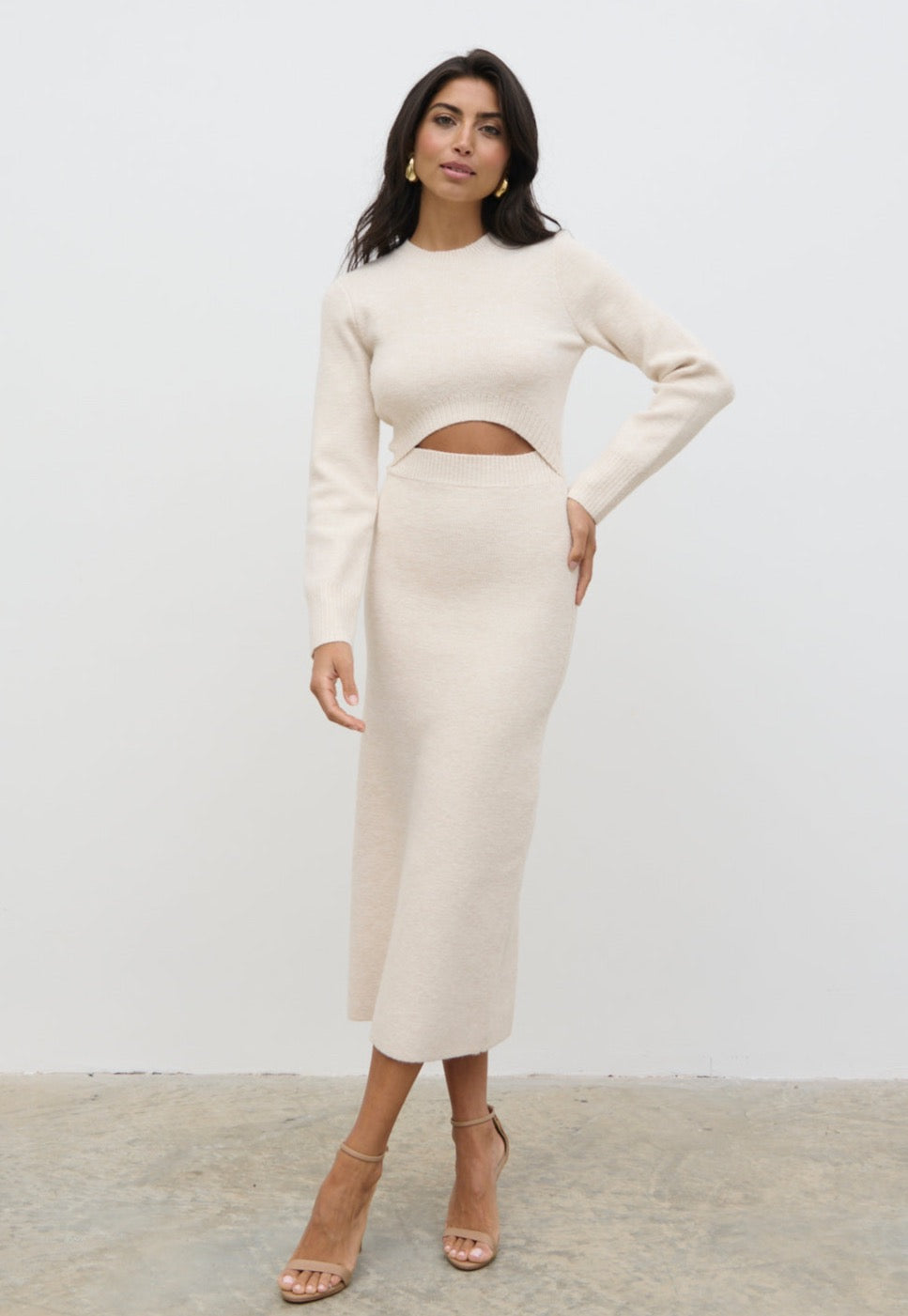 Elena Cut Out Knit Midaxi Dress - Ecru