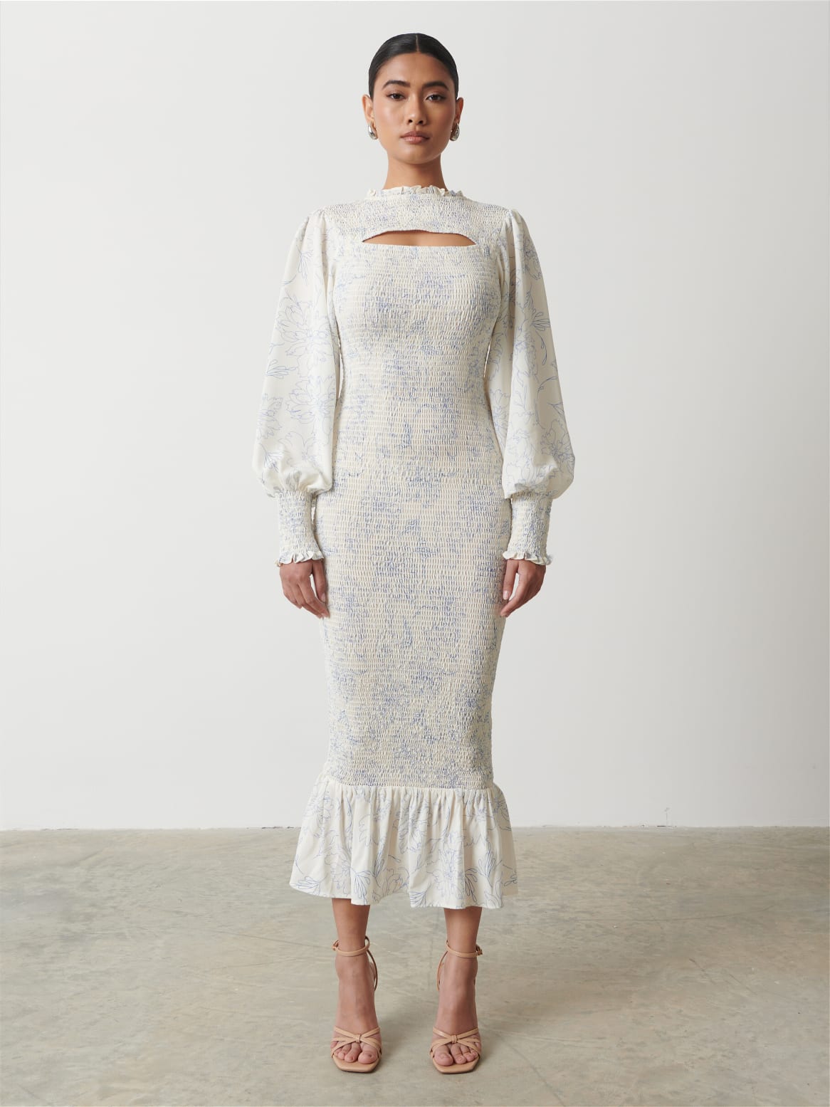 Elise Cut Out Shirred Printed Midaxi Dress
