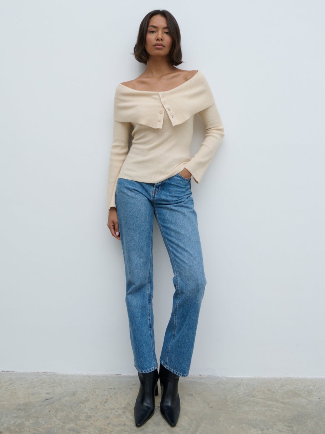 Elora Bardot Button Front Knit Top - Oatmeal