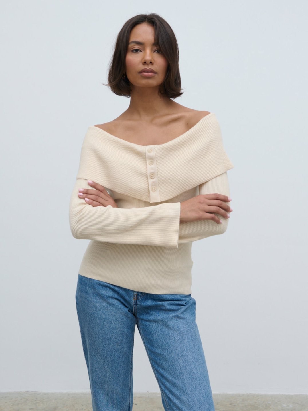 Elora Bardot Button Front Knit Top - Oatmeal