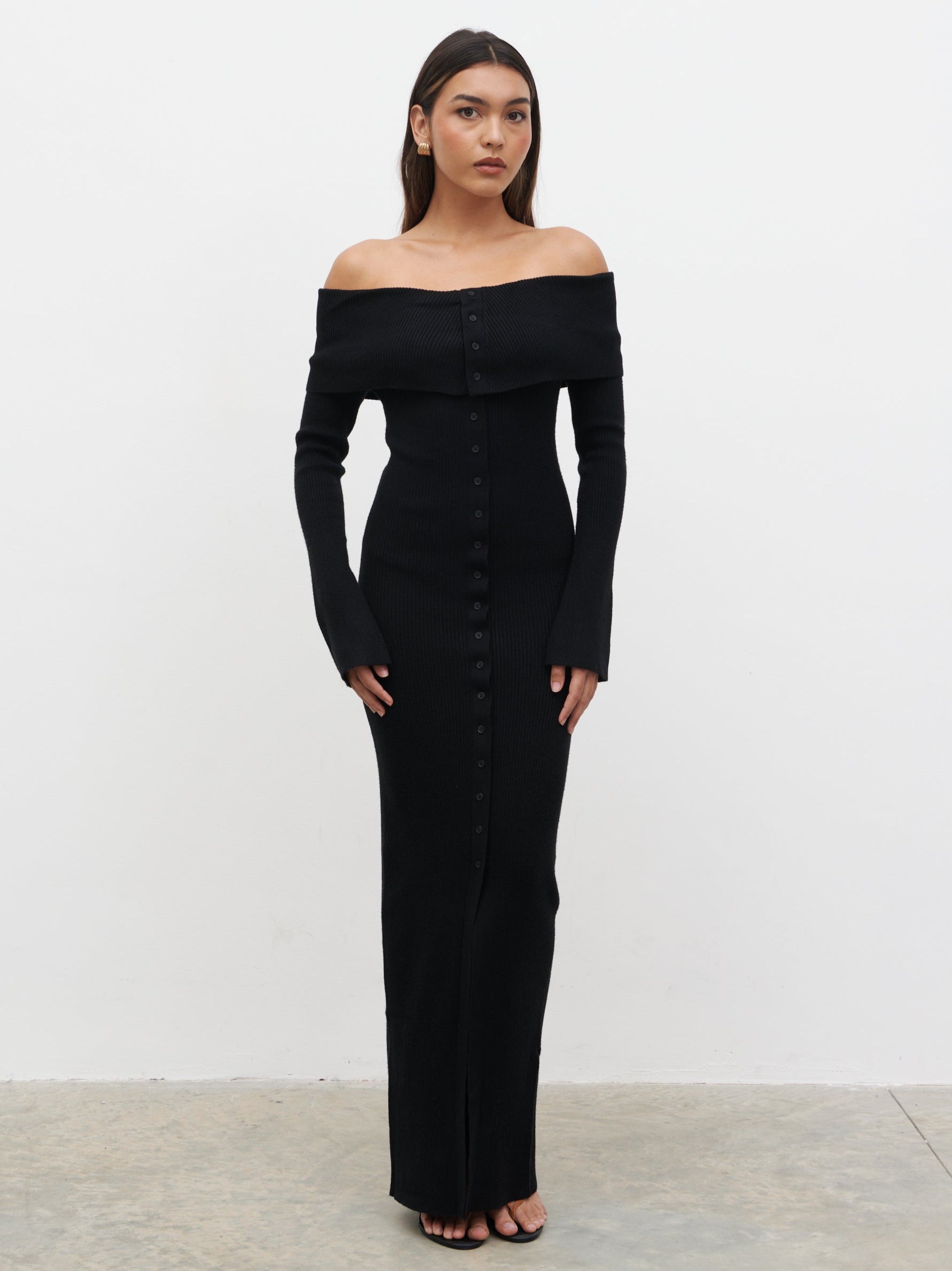Elora Bardot Knit Maxi Dress - Black Pretty Lavish Elora Bardot Knit Maxi Dress - Black Pretty Lavish